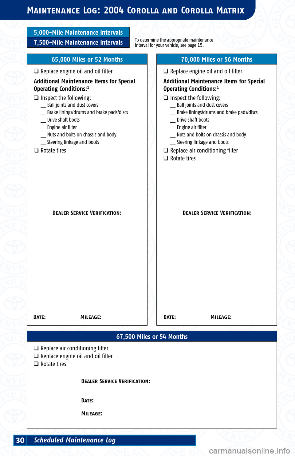 TOYOTA COROLLA 2004 E120 / 9.G Scheduled Maintenance Guide 5,000-Mile Maintenance Intervals
7,500-Mile Maintenance IntervalsTo determine the appropriate maintenance
interval for your vehicle, see page 15.
Ma intenance Log: 2004 Corolla and Corolla Matrix
67,5