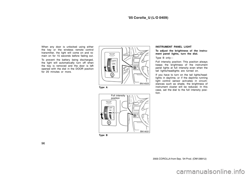 TOYOTA COROLLA 2005 E120 / 9.G User Guide ’05 Corolla_U (L/O 0409)
96
2005 COROLLA from Sep. ’04 Prod. (OM12891U)
When any door is unlocked using either
the key or the wireless remote control
transmitter, the light will  come on and re-
m