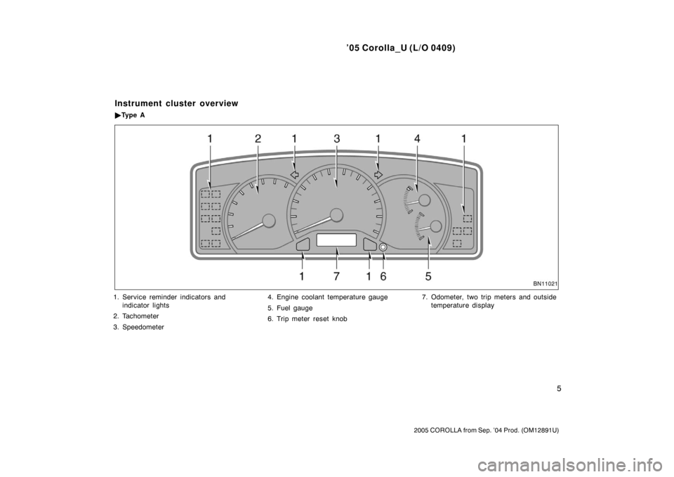 TOYOTA COROLLA 2005 E120 / 9.G User Guide ’05 Corolla_U (L/O 0409)
5
2005 COROLLA from Sep. ’04 Prod. (OM12891U)
1. Service reminder indicators andindicator lights
2. Tachometer
3. Speedometer 4. Engine coolant temperature gauge
5. Fuel g