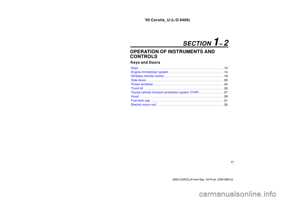 TOYOTA COROLLA 2005 E120 / 9.G Owners Manual ’05 Corolla_U (L/O 0409)
11
2005 COROLLA from Sep. ’04 Prod. (OM12891U)
OPERATION OF INSTRUMENTS AND
CONTROLS
Keys and Doors
Keys12
. . . . . . . . . . . . . . . . . . . . . . . . . . . . . . . . 