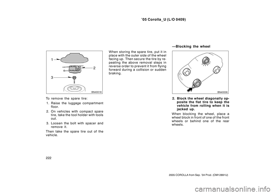 TOYOTA COROLLA 2005 E120 / 9.G Owners Manual ’05 Corolla_U (L/O 0409)
222
2005 COROLLA from Sep. ’04 Prod. (OM12891U)
To remove the spare tire:1. Raise the luggage compartment floor.
2. On vehicles with compact spare tire, take the tool hold