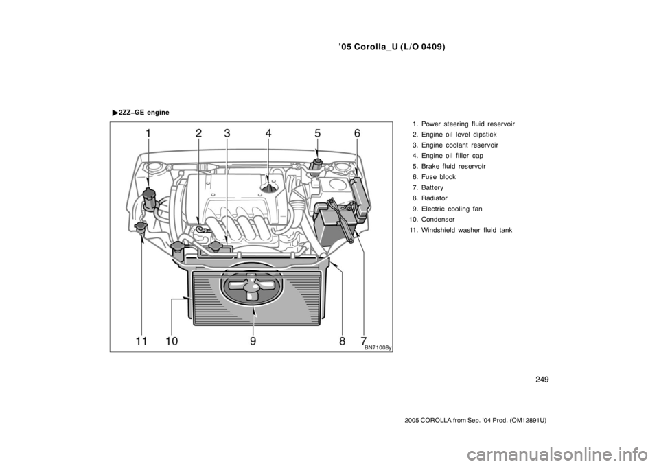 TOYOTA COROLLA 2005 E120 / 9.G User Guide ’05 Corolla_U (L/O 0409)
249
2005 COROLLA from Sep. ’04 Prod. (OM12891U)
1. Power steering fluid reservoir
2. Engine oil level dipstick
3. Engine coolant reservoir
4. Engine oil filler  cap
5. Bra