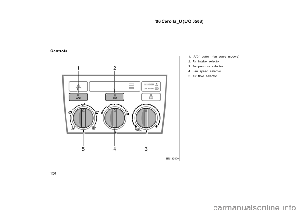 TOYOTA COROLLA 2006 10.G Owners Manual ’06 Corolla_U (L/O 0508)
150
1. “A/C” button (on some models)
2. Air intake selector
3. Temperature selector
4. Fan speed selector
5. Air flow selector
Controls 