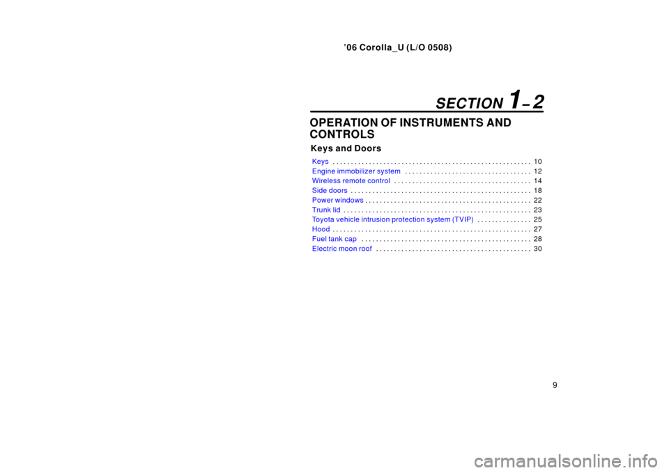 TOYOTA COROLLA 2006 10.G Owners Manual ’06 Corolla_U (L/O 0508)
9
OPERATION OF INSTRUMENTS AND
CONTROLS
Keys and Doors
Keys10
. . . . . . . . . . . . . . . . . . . . . . . . . . . . . . . . . . . . .\
 . . . . . . . . . . . . . . . . . .