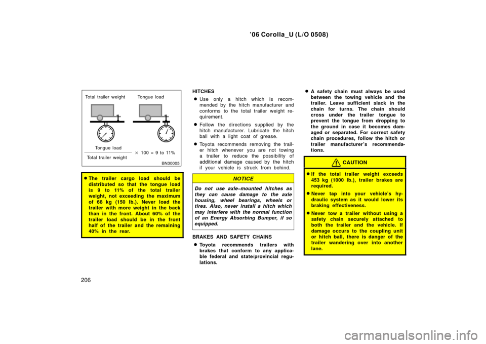 TOYOTA COROLLA 2006 10.G Owners Manual ’06 Corolla_U (L/O 0508)
206
Total trailer weight Tongue loadTongue load
Total trailer weight 
 100 = 9 to 11%
The trailer cargo load should be
distributed so that the tongue load
is 9 to 11% of t