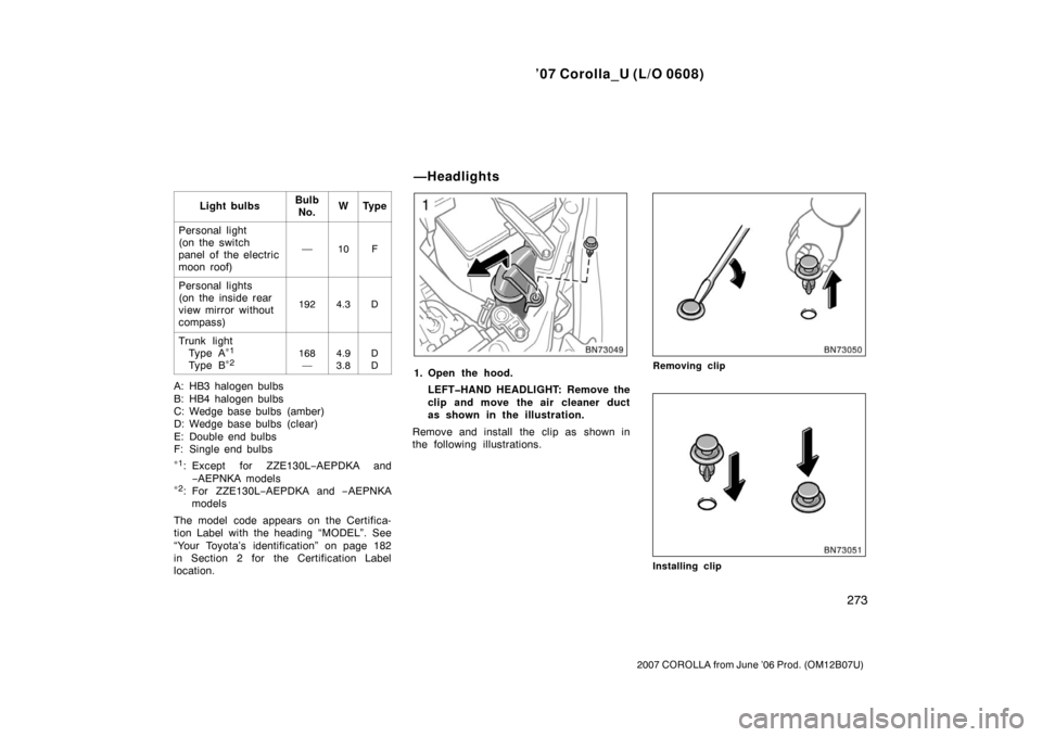 TOYOTA COROLLA 2007 10.G Owners Manual ’07 Corolla_U (L/O 0608)
273
2007 COROLLA from June ’06 Prod. (OM12B07U)
Light bulbsBulbNo.WTy p e
Personal light
(on the switch
panel of the electric
moon roof)
—10F
Personal lights
(on the i TOYOTA COROLLA 2007 10.G Owners Manual ’07 Corolla_U (L/O 0608)
273
2007 COROLLA from June ’06 Prod. (OM12B07U)
Light bulbsBulbNo.WTy p e
Personal light
(on the switch
panel of the electric
moon roof)
—10F
Personal lights
(on the i