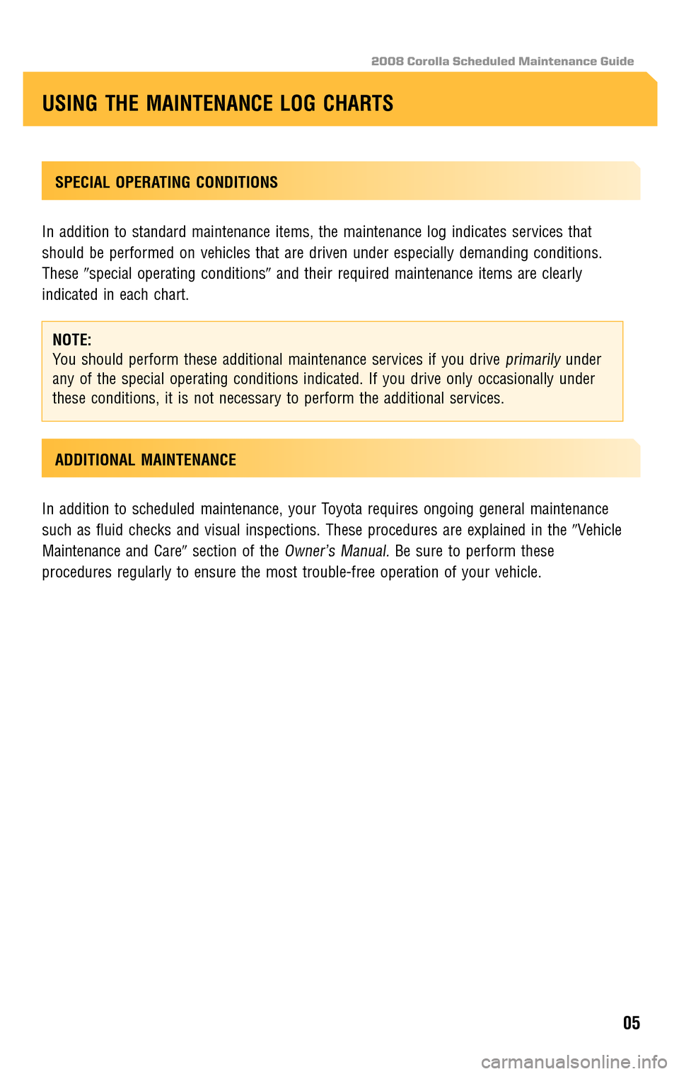 TOYOTA COROLLA 2008 10.G Scheduled Maintenance Guide 2008 Corolla Scheduled Maintenance Guide
SPECIAL OPERATING CONDITIONS 
In addition to standard maintenance items, the maintenance log indicates services that 
should be performed on vehicles that are