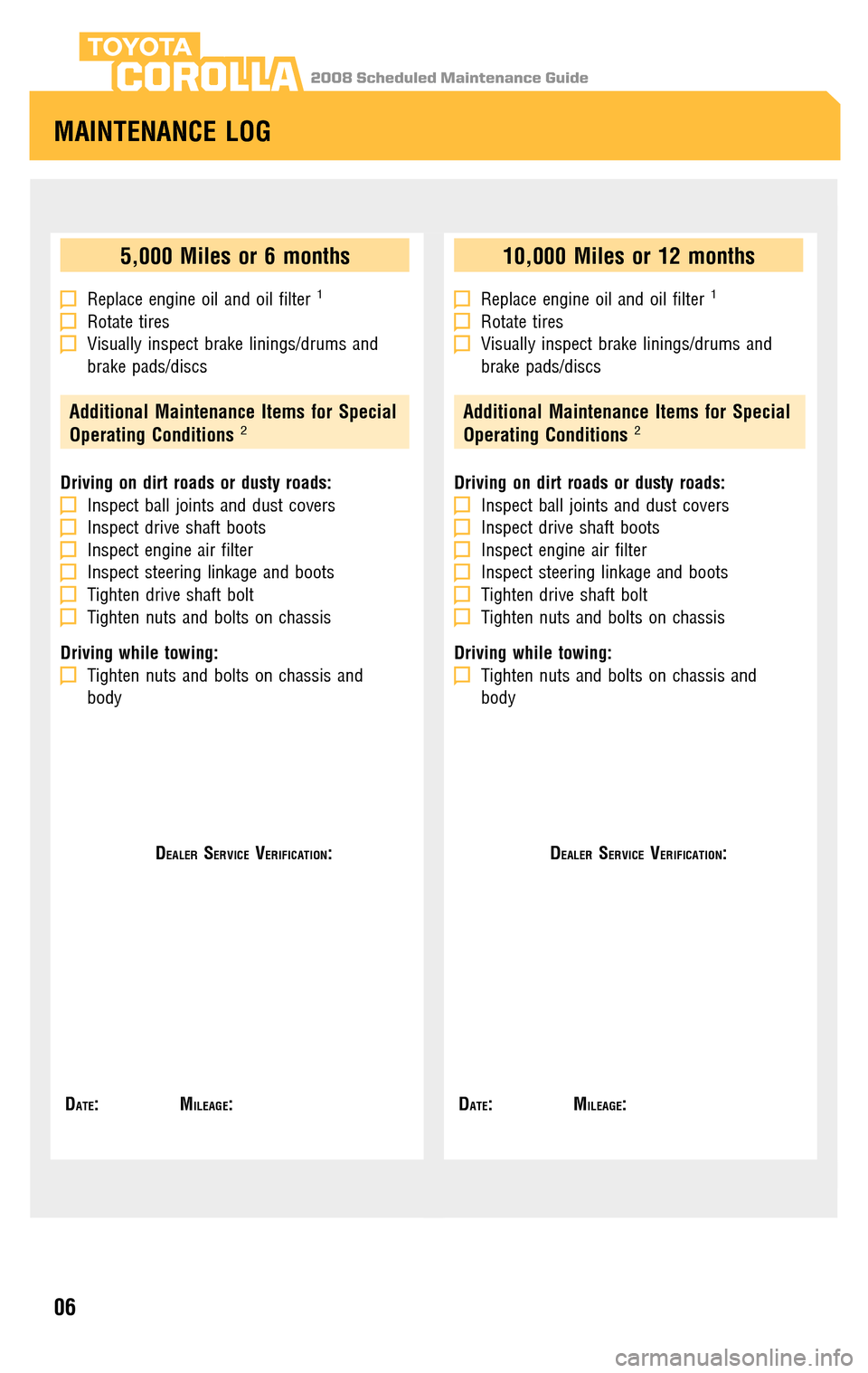 TOYOTA COROLLA 2008 10.G Scheduled Maintenance Guide 2008 Scheduled Maintenance GuideCOROLLA
5,000 Miles or 6 months
Replace engine oil and oil filter1
Rotate tiresVisually inspect brake linings/drums and 
brake pads/discs
Additional Maintenance Items f