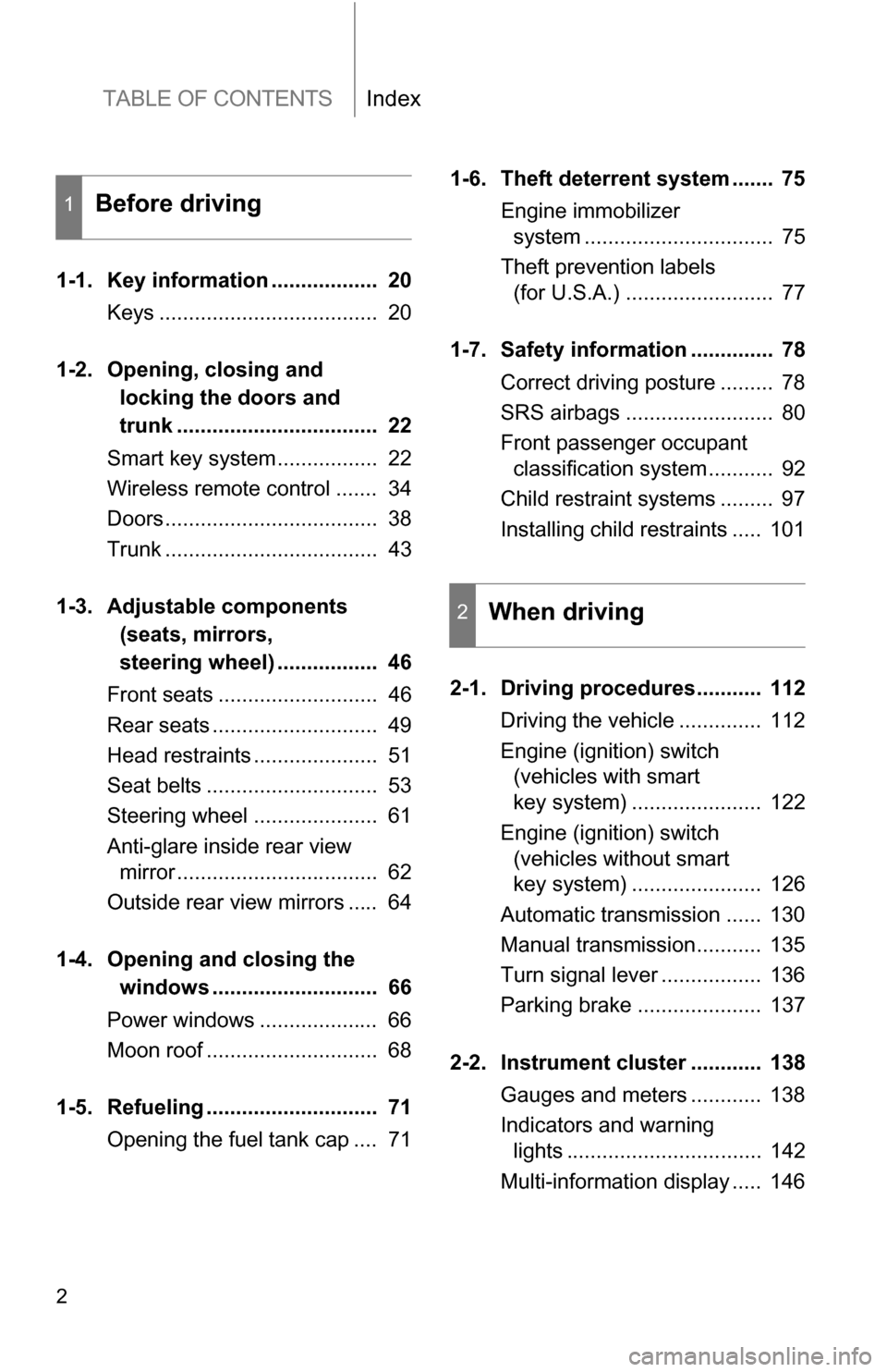 TOYOTA COROLLA 2009 10.G Owners Manual TABLE OF CONTENTSIndex
2
1-1. Key information ..................  20Keys .....................................  20
1-2. Opening, closing  and
locking the doors and 
trunk .............................