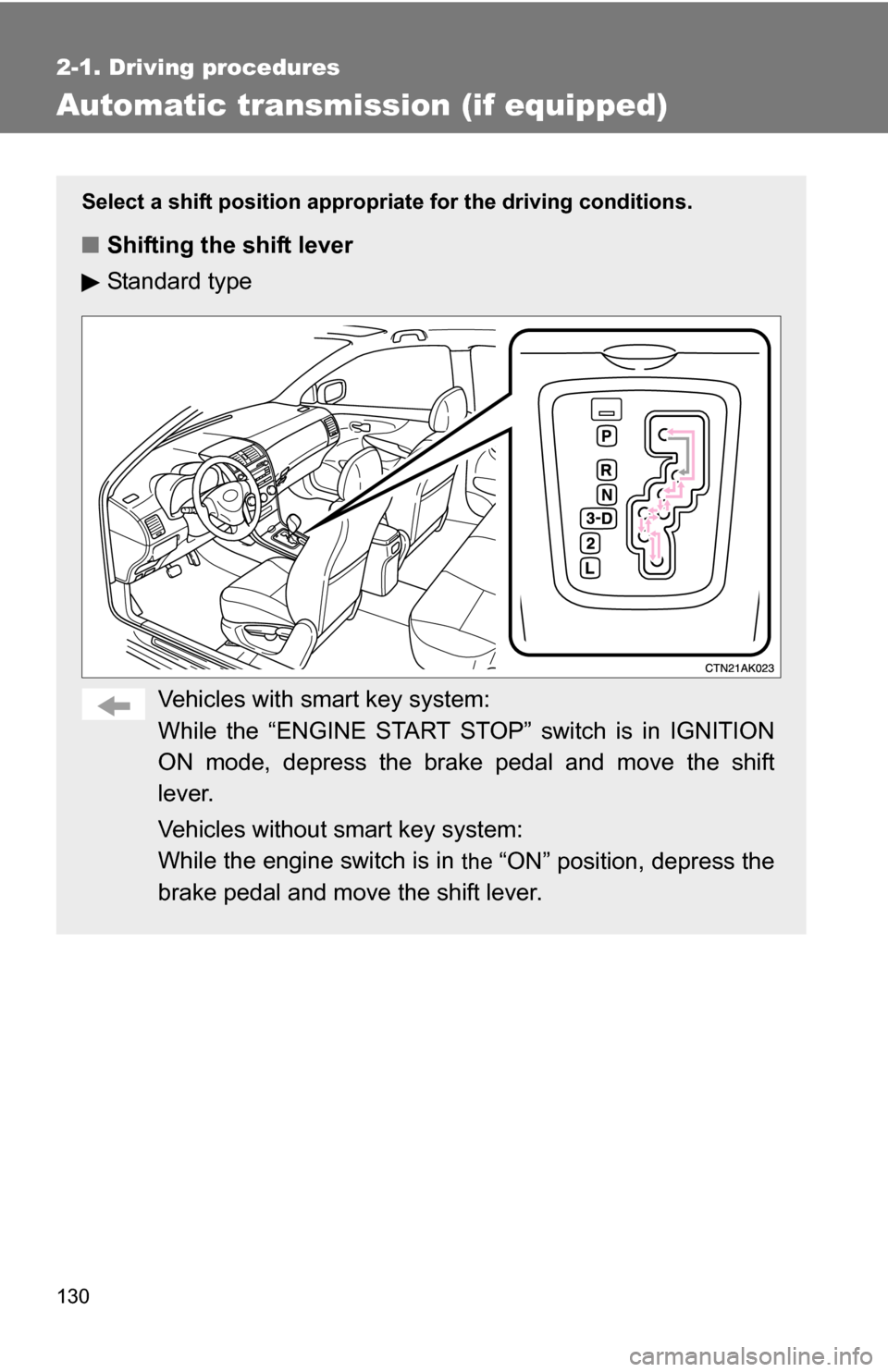 TOYOTA COROLLA 2009 10.G Owners Manual 130
2-1. Driving procedures
Automatic transmission (if equipped)
Select a shift position appropriate for the driving conditions.
■Shifting the shift lever
Standard type
Vehicles with smart key syste