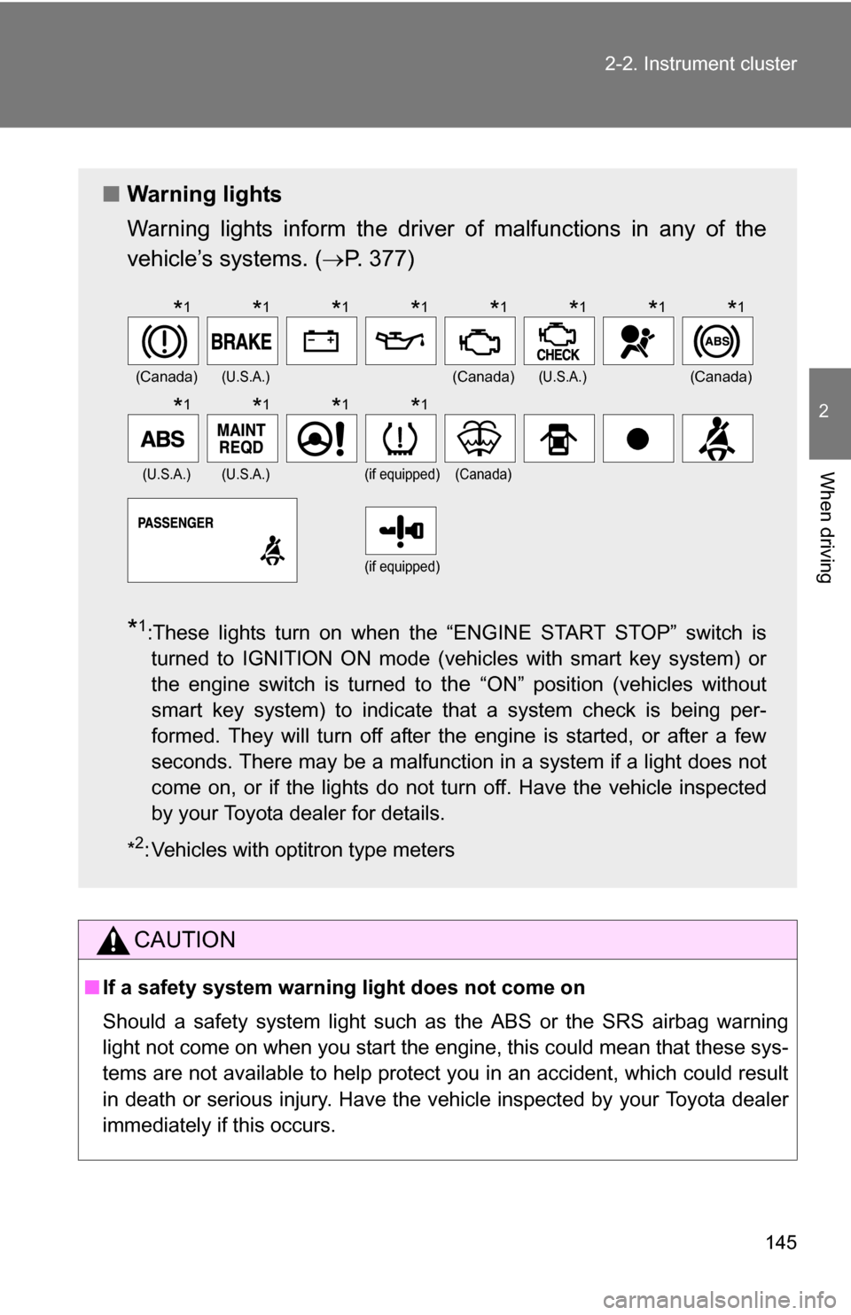 TOYOTA COROLLA 2009 10.G Owners Manual 145
2-2. Instrument cluster
2
When driving
CAUTION
■
If a safety system warning light does not come on
Should a safety system light such as the ABS or the SRS airbag warning
light not come on when y