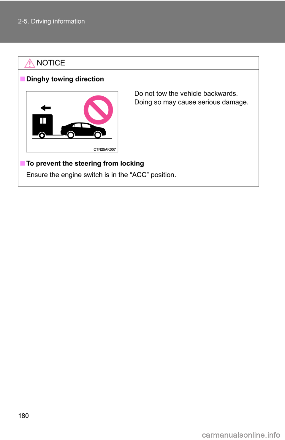 TOYOTA COROLLA 2009 10.G Owners Manual 180 2-5. Driving information
NOTICE
■Dinghy towing direction
■ To prevent the steering from locking
Ensure the engine switch is in the “ACC” position.
Do not tow the vehicle backwards.
Doing TOYOTA COROLLA 2009 10.G Owners Manual 180 2-5. Driving information
NOTICE
■Dinghy towing direction
■ To prevent the steering from locking
Ensure the engine switch is in the “ACC” position.
Do not tow the vehicle backwards.
Doing