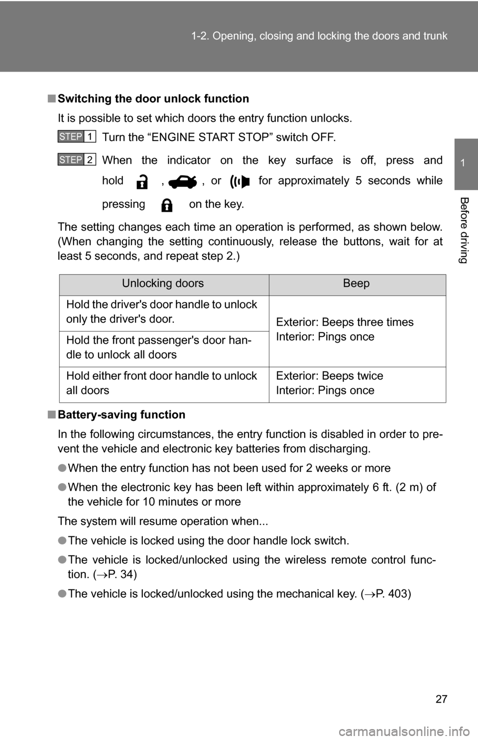 TOYOTA COROLLA 2009 10.G Owners Manual 27
1-2. Opening, closing and locking the doors and trunk
1
Before driving
■
Switching the door unlock function
It is possible to set which doors the entry function unlocks. 
Turn the “ENGINE START