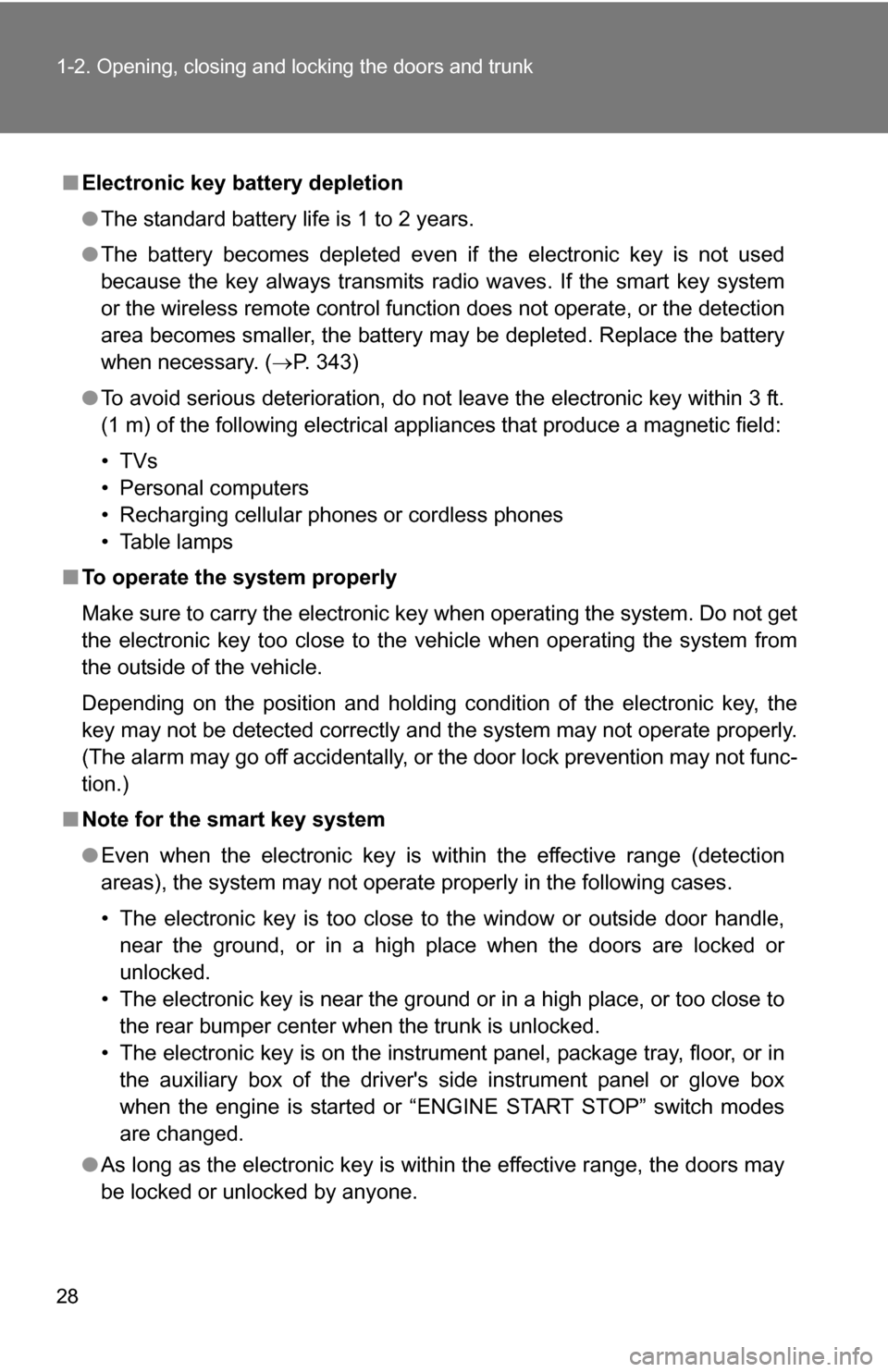 TOYOTA COROLLA 2009 10.G Owners Manual 28 1-2. Opening, closing and locking the doors and trunk
■Electronic key battery depletion
●The standard battery life is 1 to 2 years. 
● The battery becomes depleted even if the electronic key 