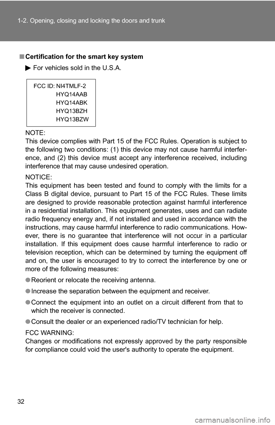 TOYOTA COROLLA 2009 10.G Owners Manual 32 1-2. Opening, closing and locking the doors and trunk
■Certification for the smart key system
For vehicles sold in the U.S.A.
NOTE:
This device complies with Part 15 of the FCC Rules. Operation i