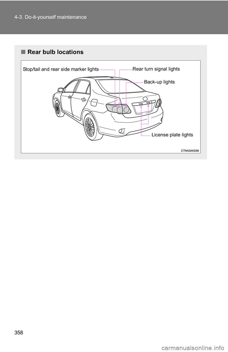 TOYOTA COROLLA 2009 10.G Owners Manual 358 4-3. Do-it-yourself maintenance
■Rear bulb locations
Stop/tail and rear side marker lights Rear turn signal lights
Back-up lights
License plate lights 