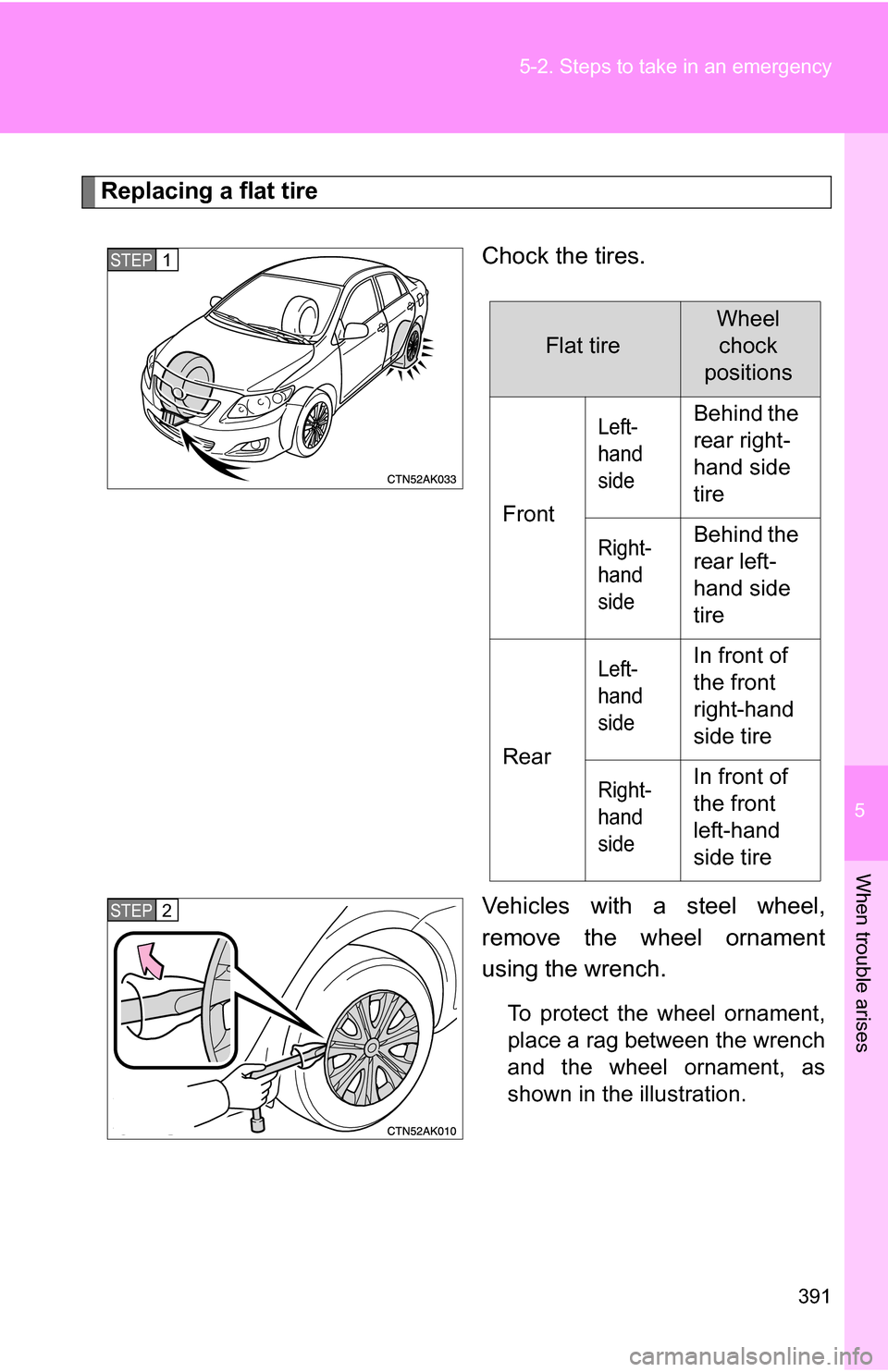 TOYOTA COROLLA 2009 10.G Owners Manual 5
When trouble arises
391
5-2. Steps to take in an emergency
Replacing a flat tire
Chock the tires.
Vehicles with a steel wheel,
remove the wheel ornament
using the wrench.
To protect the wheel orname TOYOTA COROLLA 2009 10.G Owners Manual 5
When trouble arises
391
5-2. Steps to take in an emergency
Replacing a flat tire
Chock the tires.
Vehicles with a steel wheel,
remove the wheel ornament
using the wrench.
To protect the wheel orname