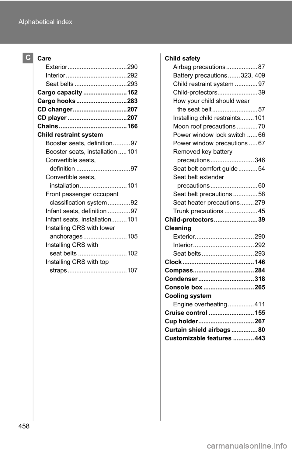 TOYOTA COROLLA 2009 10.G Owners Manual 458 Alphabetical index
CareExterior .................................. 290
Interior ................................... 292
Seat belts .............................. 293
Cargo capacity ...............