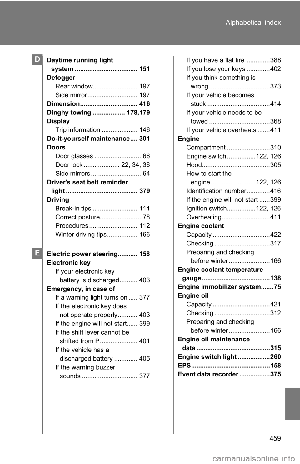 TOYOTA COROLLA 2009 10.G Owners Manual 459
Alphabetical index
Daytime running light 
system ................................... 151
Defogger Rear window......................... 197
Side mirror ............................ 197
Dimension ..