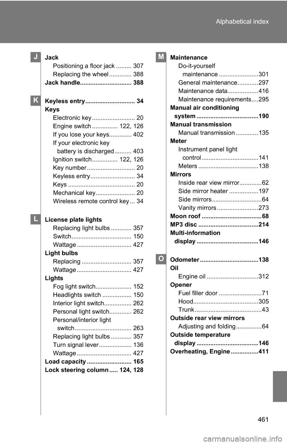 TOYOTA COROLLA 2009 10.G Owners Manual 461
Alphabetical index
Jack
Positioning a floor jack ......... 307
Replacing the wheel ............. 388
Jack handle.............................. 388
Keyless entry ............................. 34
Ke