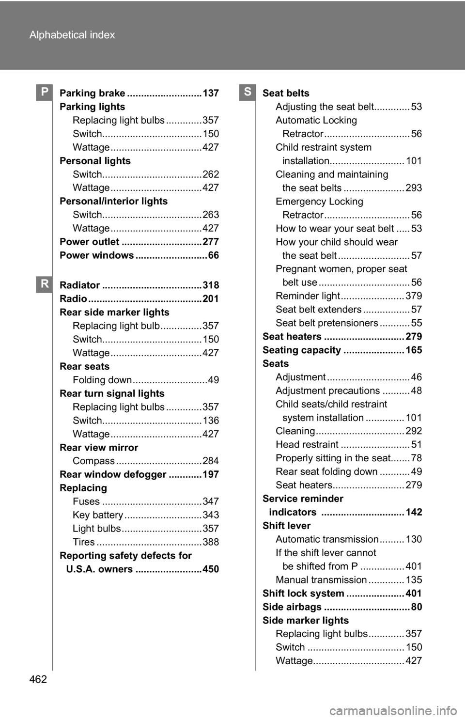 TOYOTA COROLLA 2009 10.G Owners Manual 462 Alphabetical index
Parking brake ........................... 137
Parking lightsReplacing light bulbs ............. 357
Switch.................................... 150
Wattage ......................