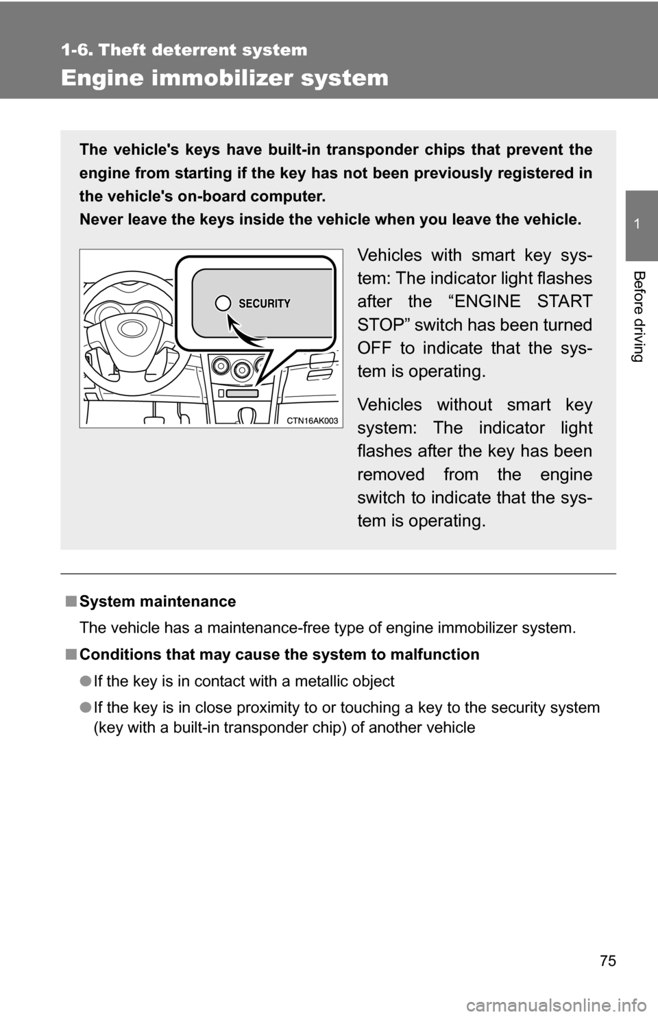 TOYOTA COROLLA 2009 10.G Manual PDF 75
1
Before driving
1-6. Theft deterrent system
Engine immobilizer system
■System maintenance
The vehicle has a maintenance-free type of engine immobilizer system.
■ Conditions that may cause  the
