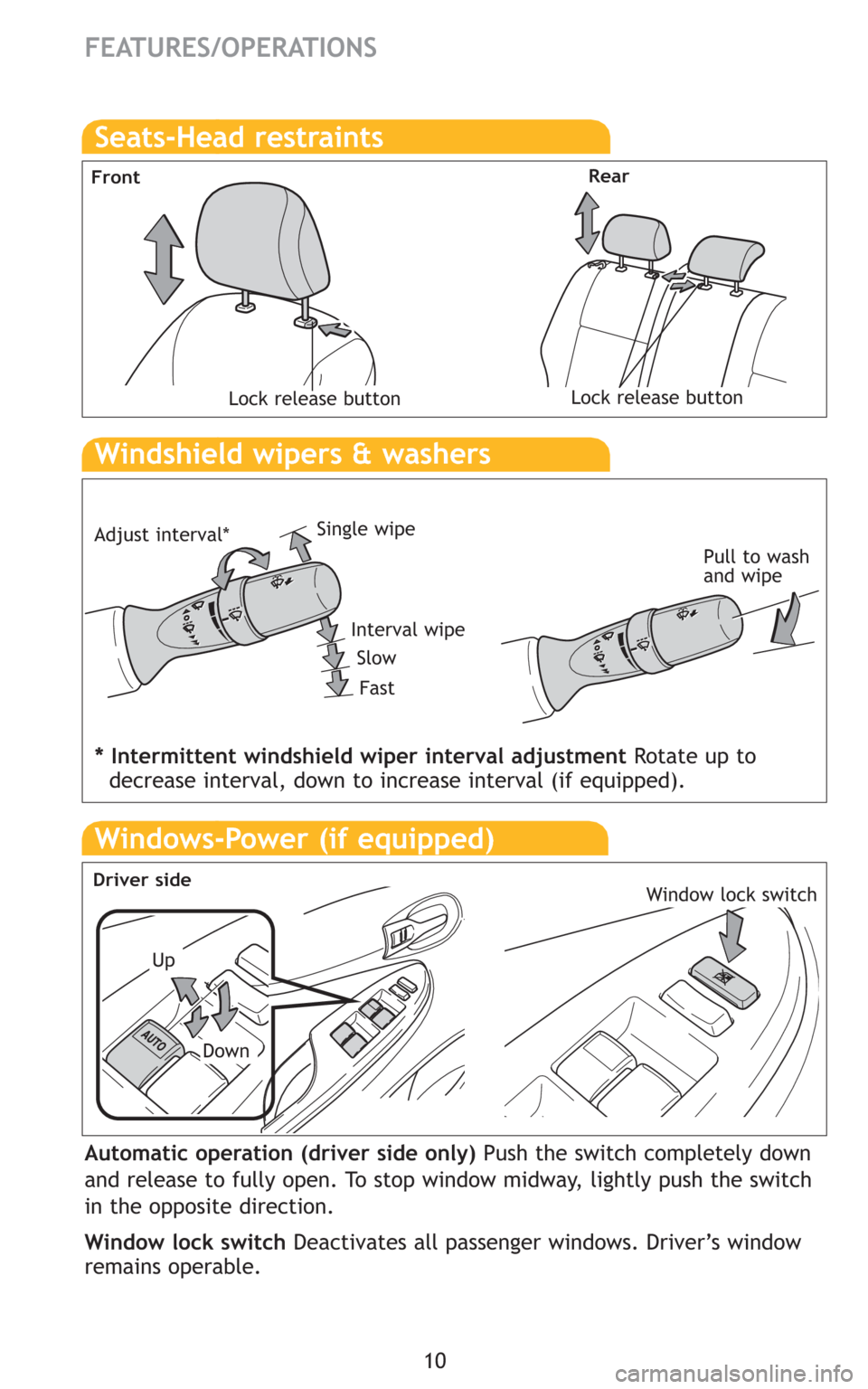 TOYOTA COROLLA 2009 10.G Quick Reference Guide 10
FEATURES/OPERATIONS
Seats-Head restraints
FrontRear
Lock release buttonLock release button
Windshield wipers & washers
Interval wipe Single wipe
Slow
Fast
Pull to wash
and wipe
Windows-Power (if eq TOYOTA COROLLA 2009 10.G Quick Reference Guide 10
FEATURES/OPERATIONS
Seats-Head restraints
FrontRear
Lock release buttonLock release button
Windshield wipers & washers
Interval wipe Single wipe
Slow
Fast
Pull to wash
and wipe
Windows-Power (if eq