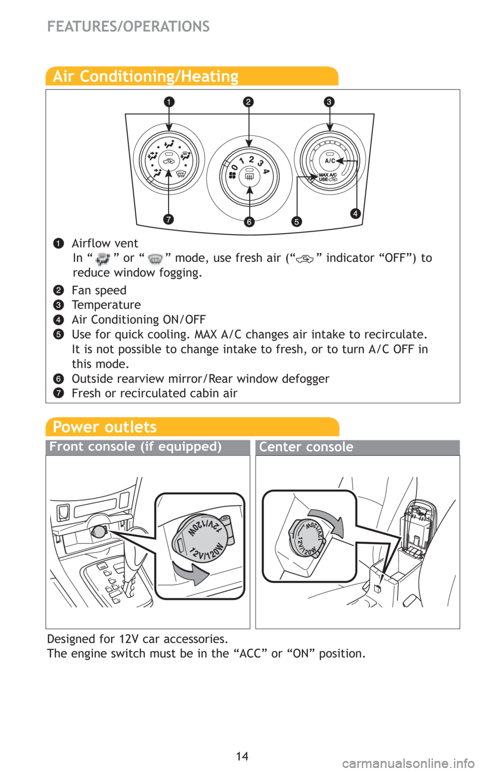 TOYOTA COROLLA 2009 10.G Quick Reference Guide 14
FEATURES/OPERATIONS
Air Conditioning/Heating
Airflow vent
Fan speed
Temperature
Air Conditioning ON/OFF
Use for quick cooling. MAX A/C changes air intake to recirculate.
It is not possible to chan TOYOTA COROLLA 2009 10.G Quick Reference Guide 14
FEATURES/OPERATIONS
Air Conditioning/Heating
Airflow vent
Fan speed
Temperature
Air Conditioning ON/OFF
Use for quick cooling. MAX A/C changes air intake to recirculate.
It is not possible to chan