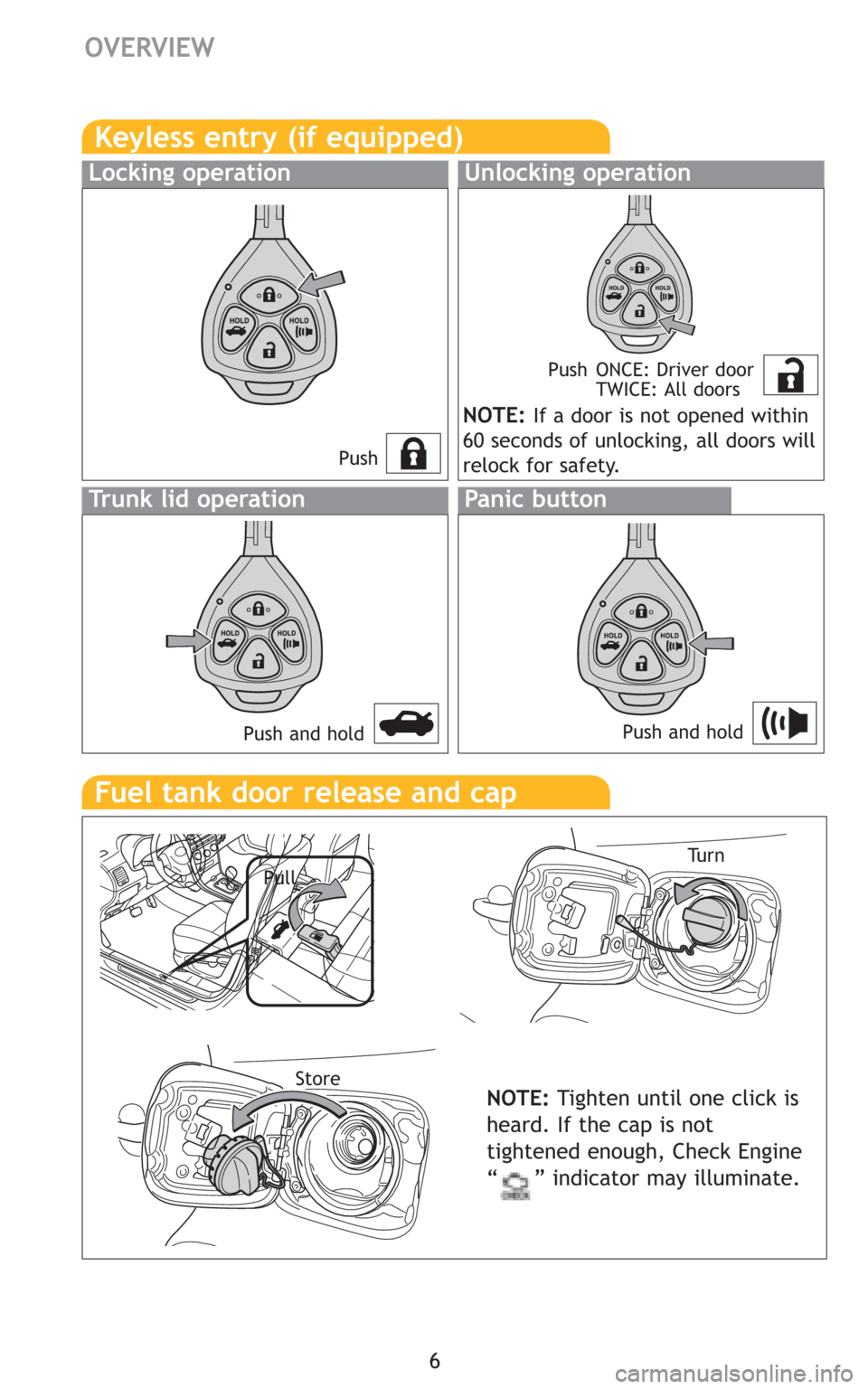 TOYOTA COROLLA 2009 10.G Quick Reference Guide 6
OVERVIEW
Keyless entry (if equipped)
PushPush ONCE: Driver door
TWICE: All doors
Locking operationUnlocking operation
Panic button
Push and hold
NOTE:If a door is not opened within
60 seconds of unl TOYOTA COROLLA 2009 10.G Quick Reference Guide 6
OVERVIEW
Keyless entry (if equipped)
PushPush ONCE: Driver door
TWICE: All doors
Locking operationUnlocking operation
Panic button
Push and hold
NOTE:If a door is not opened within
60 seconds of unl