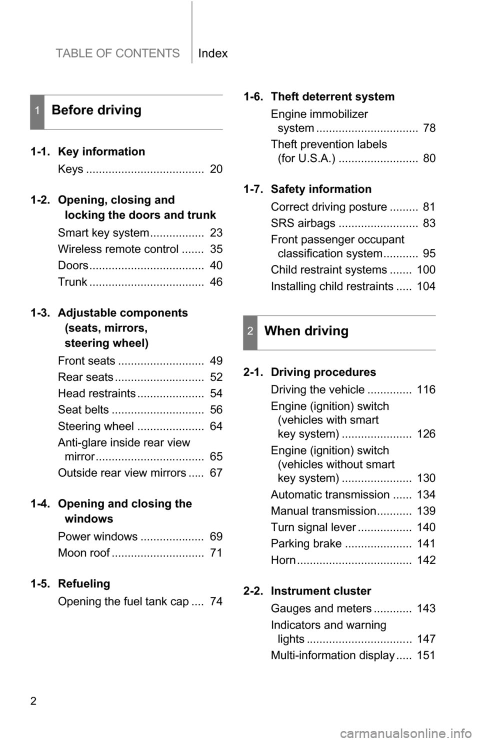 TOYOTA COROLLA 2010 10.G Owners Manual TABLE OF CONTENTSIndex
2
1-1. Key informationKeys .....................................  20
1-2. Opening, closing and  locking the doors and trunk
Smart key system.................  23
Wireless remote