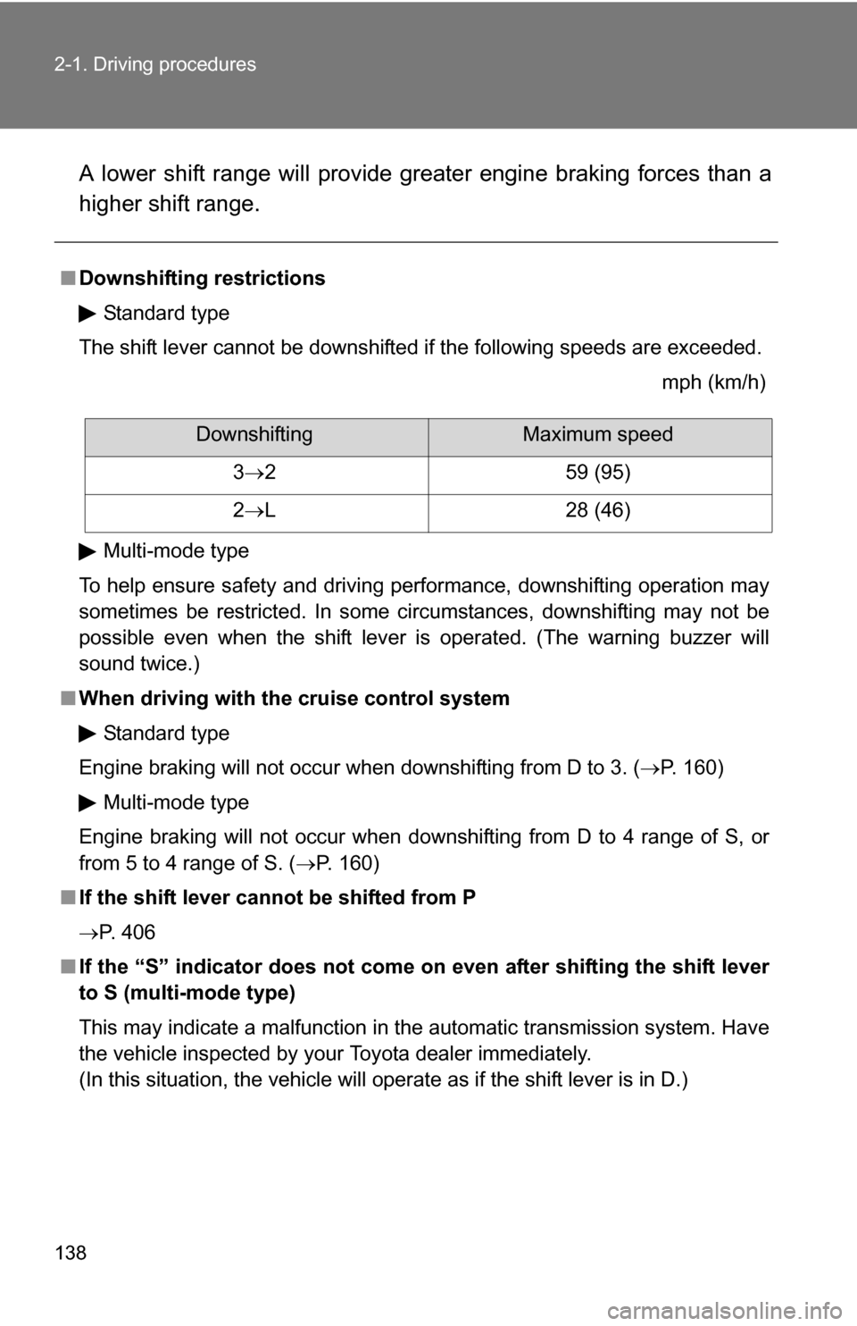 TOYOTA COROLLA 2010 10.G Owners Manual 138 2-1. Driving procedures
A lower shift range will provide greater engine braking forces than a
higher shift range.
■Downshifting restrictions
Standard type
The shift lever cannot be downshifted i TOYOTA COROLLA 2010 10.G Owners Manual 138 2-1. Driving procedures
A lower shift range will provide greater engine braking forces than a
higher shift range.
■Downshifting restrictions
Standard type
The shift lever cannot be downshifted i