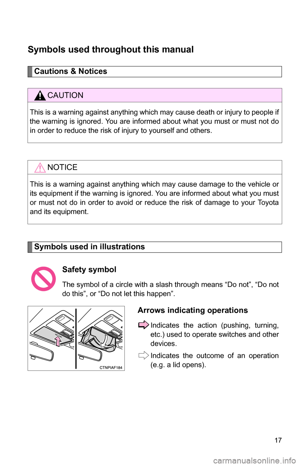 TOYOTA COROLLA 2010 10.G User Guide 17
Symbols used throughout this manual
Cautions & Notices
Symbols used in illustrations
CAUTION
This is a warning against anything which may cause death or injury to people if
the warning is ignored. TOYOTA COROLLA 2010 10.G User Guide 17
Symbols used throughout this manual
Cautions & Notices
Symbols used in illustrations
CAUTION
This is a warning against anything which may cause death or injury to people if
the warning is ignored.