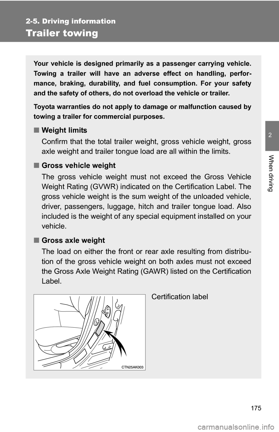TOYOTA COROLLA 2010 10.G Owners Manual 175
2-5. Driving information
2
When driving
Trailer towing
Your vehicle is designed primarily as a passenger carrying vehicle.
Towing a trailer will have an adverse effect on handling, perfor-
mance, TOYOTA COROLLA 2010 10.G Owners Manual 175
2-5. Driving information
2
When driving
Trailer towing
Your vehicle is designed primarily as a passenger carrying vehicle.
Towing a trailer will have an adverse effect on handling, perfor-
mance,