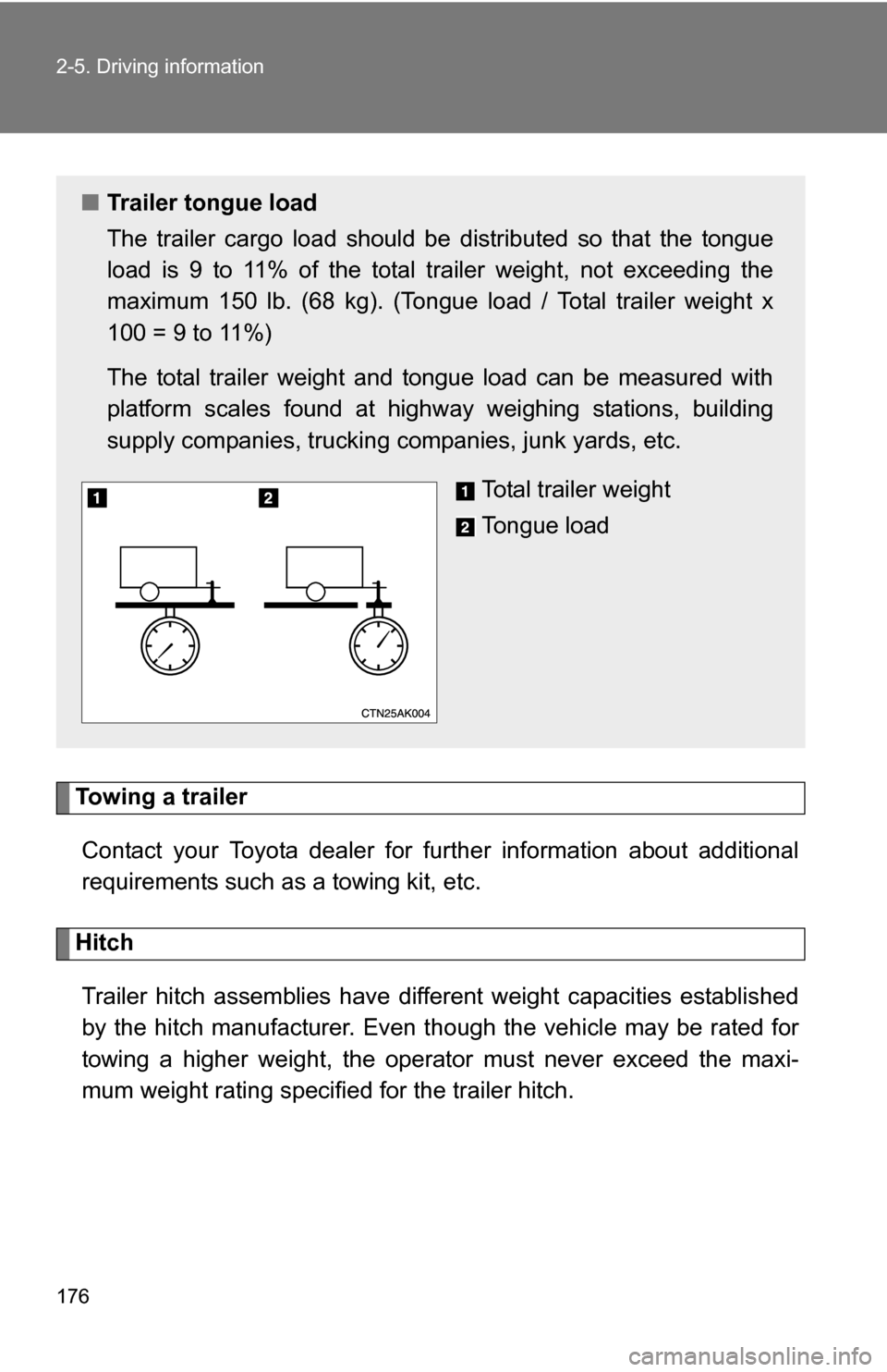 TOYOTA COROLLA 2010 10.G Owners Manual 176 2-5. Driving information
Towing a trailerContact your Toyota dealer for further information about additional
requirements such as a towing kit, etc.
HitchTrailer hitch assemblies have different we TOYOTA COROLLA 2010 10.G Owners Manual 176 2-5. Driving information
Towing a trailerContact your Toyota dealer for further information about additional
requirements such as a towing kit, etc.
HitchTrailer hitch assemblies have different we