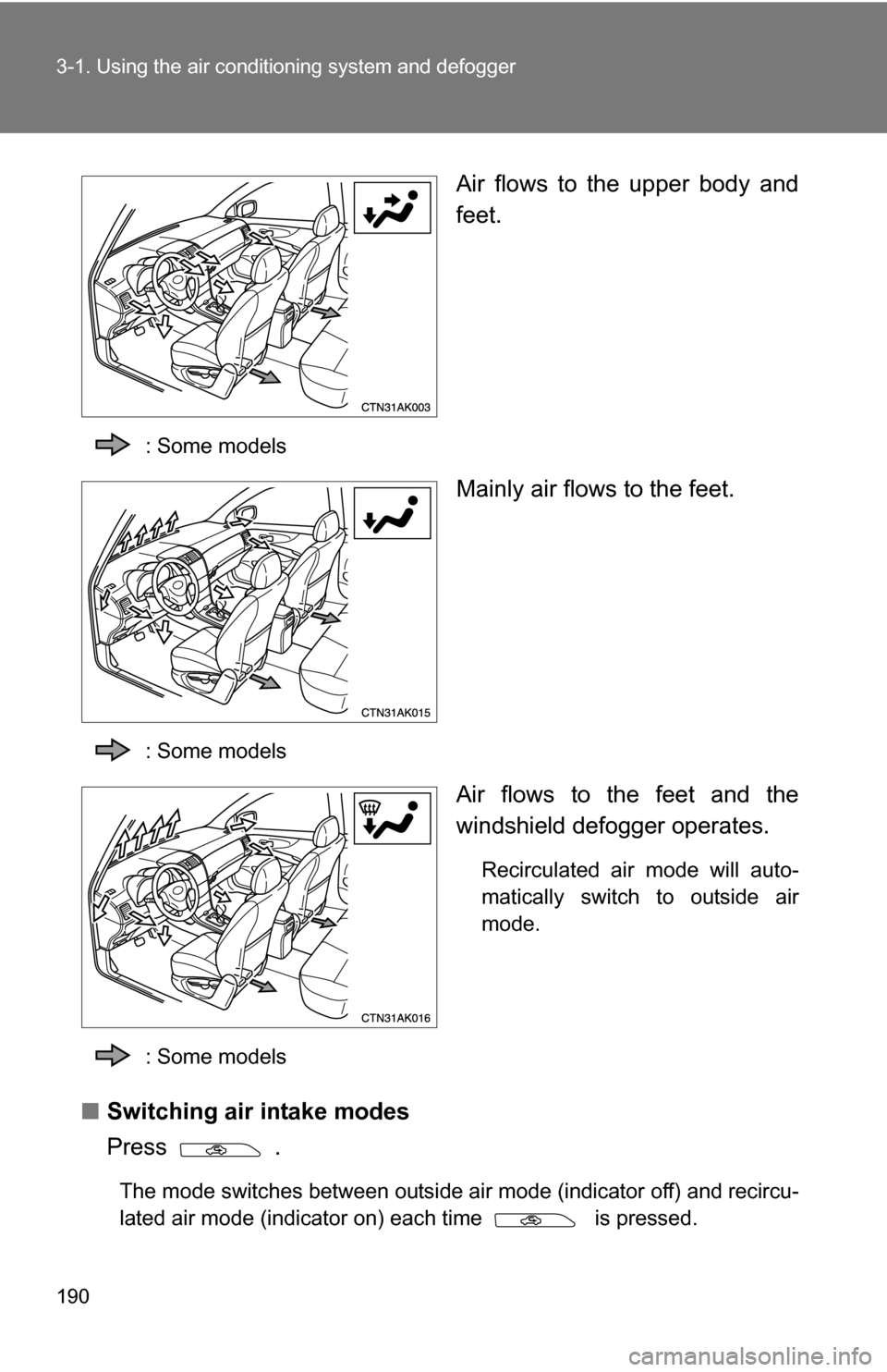 TOYOTA COROLLA 2010 10.G Owners Manual 190 3-1. Using the air conditioning system and defogger
Air flows to the upper body and
feet.
: Some models
Mainly air flows to the feet.
: Some models
Air flows to the feet and the
windshield defogge TOYOTA COROLLA 2010 10.G Owners Manual 190 3-1. Using the air conditioning system and defogger
Air flows to the upper body and
feet.
: Some models
Mainly air flows to the feet.
: Some models
Air flows to the feet and the
windshield defogge