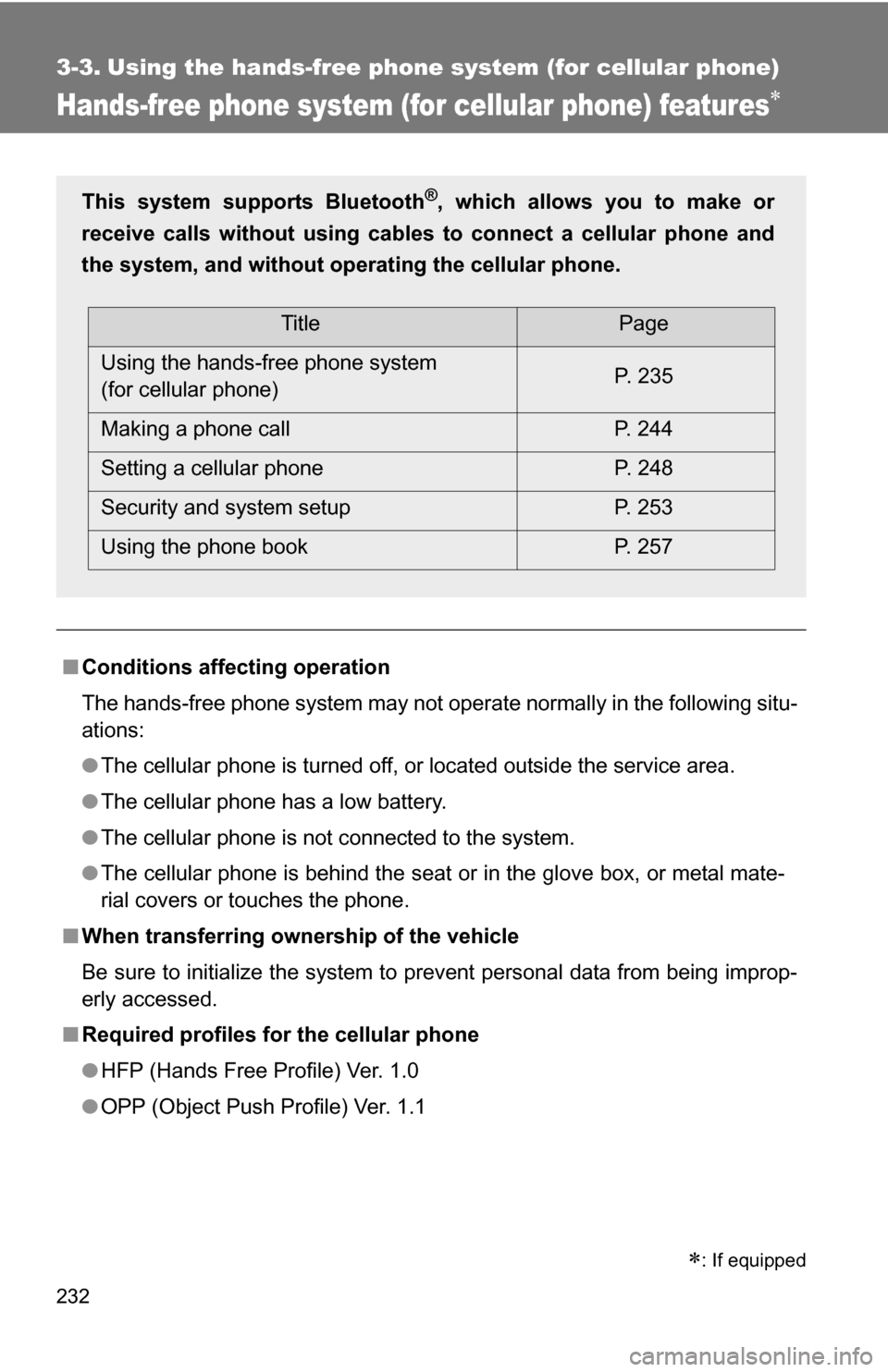 TOYOTA COROLLA 2010 10.G Owners Manual 232
3-3. Using the hands-free phone system (for cellular phone)
Hands-free phone system (for cellular phone) features
■Conditions affecting operation
The hands-free phone system may not operate n TOYOTA COROLLA 2010 10.G Owners Manual 232
3-3. Using the hands-free phone system (for cellular phone)
Hands-free phone system (for cellular phone) features
■Conditions affecting operation
The hands-free phone system may not operate n