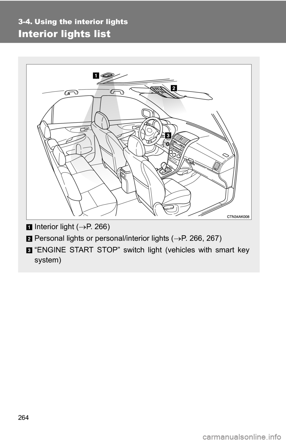 TOYOTA COROLLA 2010 10.G Owners Manual 264
3-4. Using the interior lights
Interior lights list
Interior light (P. 266)
Personal lights or personal/interior lights ( P. 266, 267)
“ENGINE START STOP” switch light (vehicles with sma
