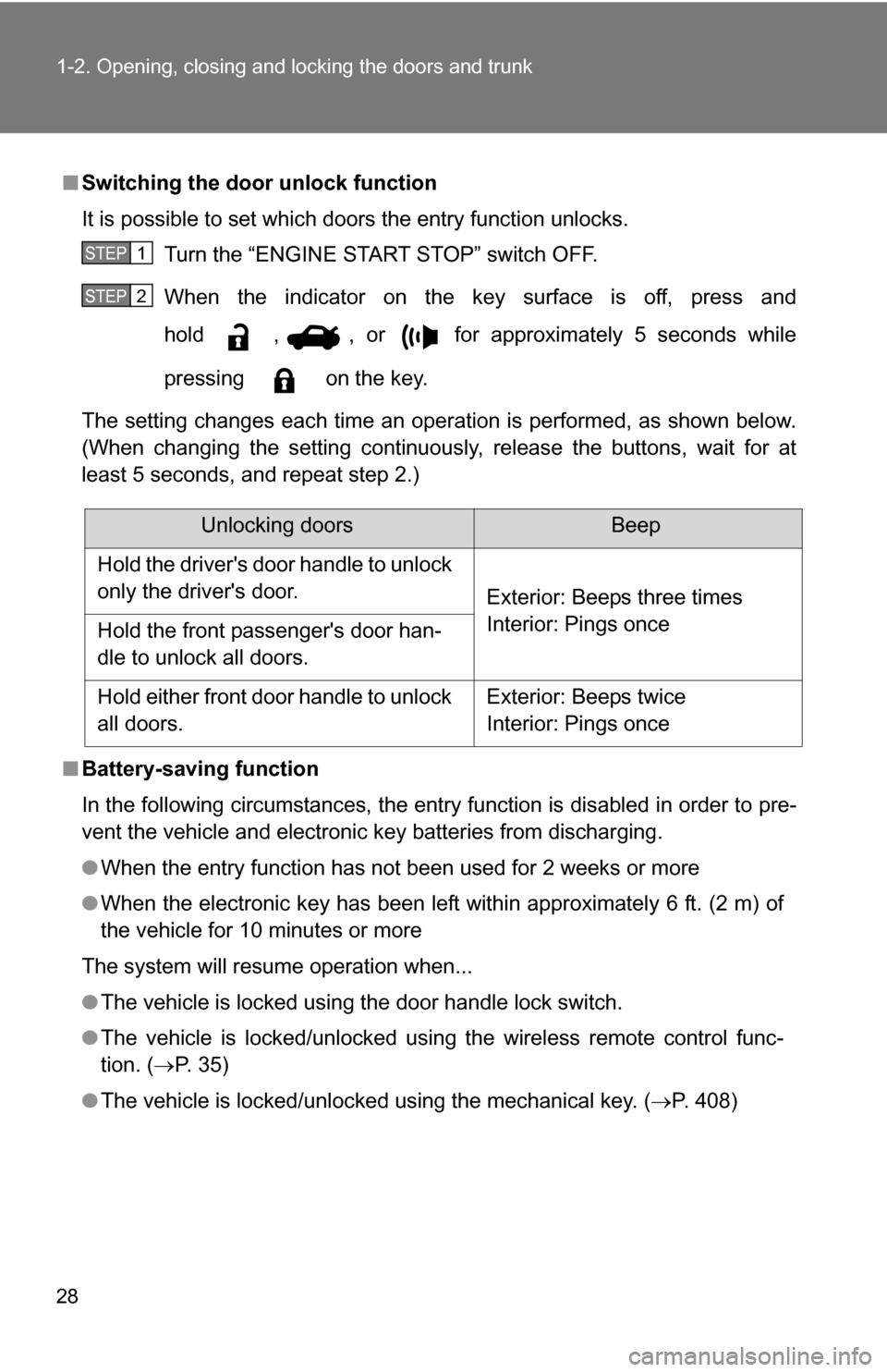 TOYOTA COROLLA 2010 10.G Owners Manual 28 1-2. Opening, closing and locking the doors and trunk
■Switching the door unlock function
It is possible to set which doors the entry function unlocks. 
Turn the “ENGINE START STOP” switch OF