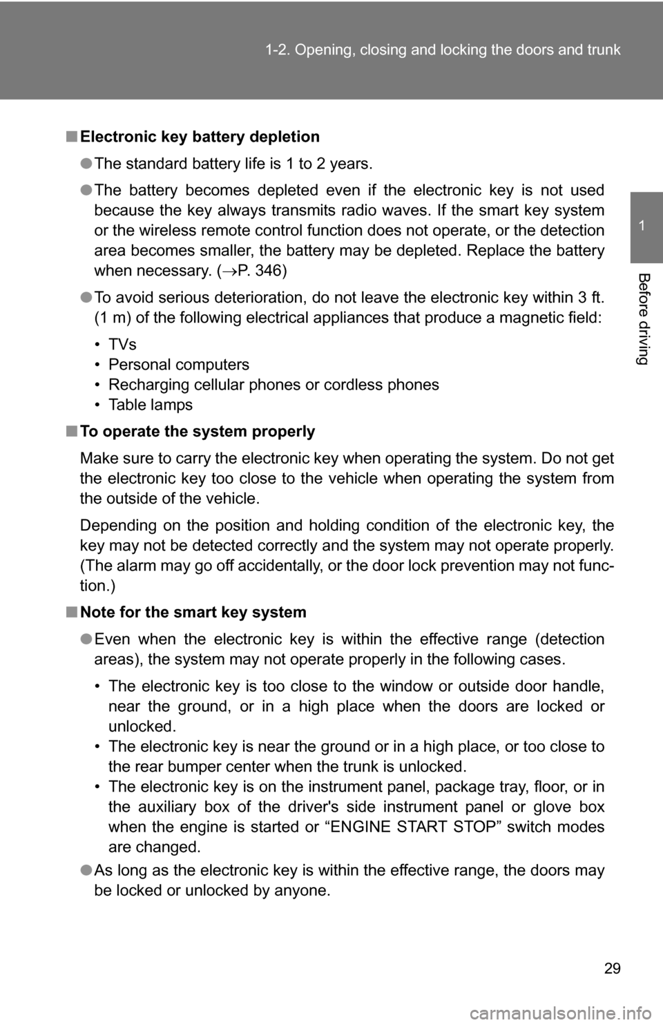 TOYOTA COROLLA 2010 10.G Owners Manual 29
1-2. Opening, closing and locking the doors and trunk
1
Before driving
■
Electronic key battery depletion
●The standard battery life is 1 to 2 years. 
● The battery becomes depleted even if t