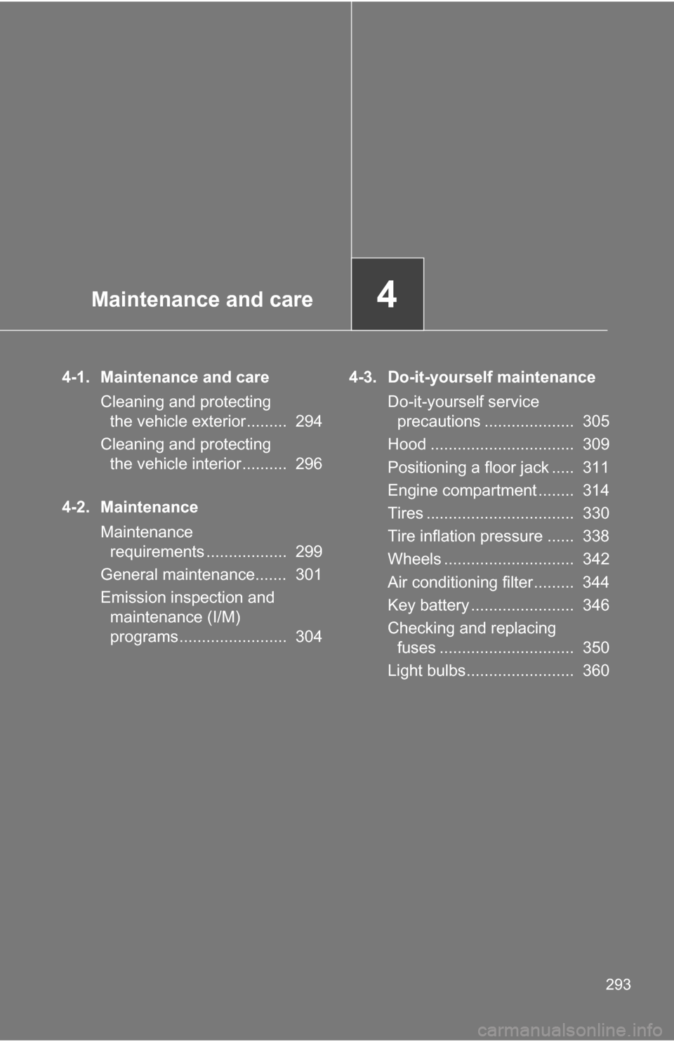 TOYOTA COROLLA 2010 10.G Owners Manual Maintenance and care4
293
4-1. Maintenance and careCleaning and protecting the vehicle exterior.........  294
Cleaning and protecting  the vehicle interior..........  296
4-2. Maintenance Maintenance 
