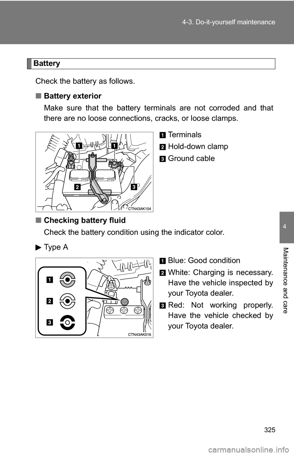 TOYOTA COROLLA 2010 10.G Owners Manual 325
4-3. Do-it-yourself maintenance
4
Maintenance and care
Battery
Check the battery as follows.
■ Battery exterior
Make sure that the battery terminals are not corroded and that
there are no loose TOYOTA COROLLA 2010 10.G Owners Manual 325
4-3. Do-it-yourself maintenance
4
Maintenance and care
Battery
Check the battery as follows.
■ Battery exterior
Make sure that the battery terminals are not corroded and that
there are no loose