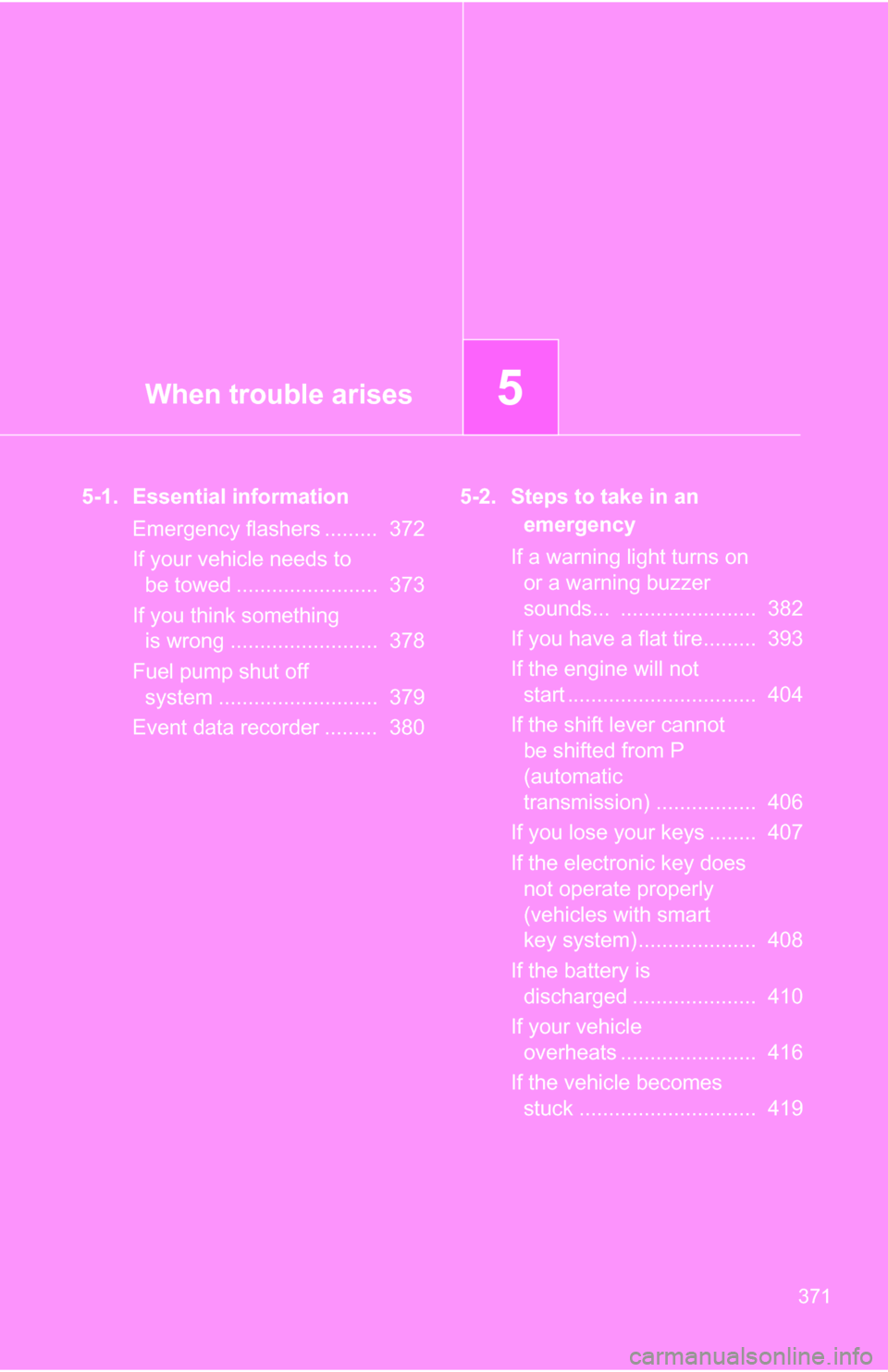 TOYOTA COROLLA 2010 10.G Owners Manual When trouble arises5
371
5-1. Essential informationEmergency flashers .........  372
If your vehicle needs to be towed ........................  373
If you think something  is wrong ..................