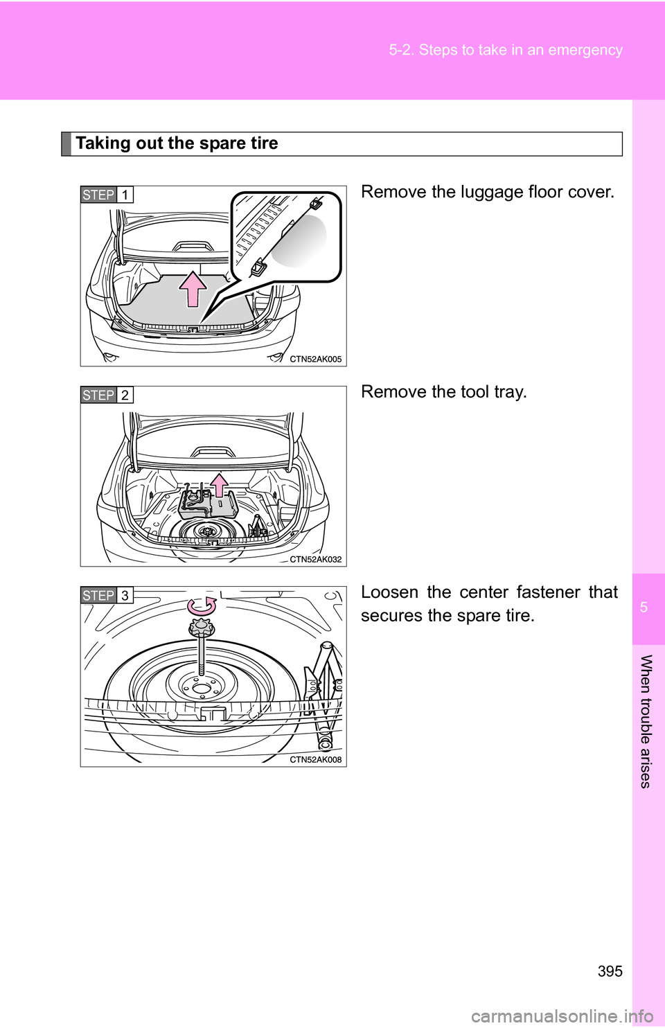 TOYOTA COROLLA 2010 10.G Owners Manual 5
When trouble arises
395
5-2. Steps to take in an emergency
Taking out the spare tire
Remove the luggage floor cover.
Remove the tool tray.
Loosen the center fastener that
secures the spare tire.
STE