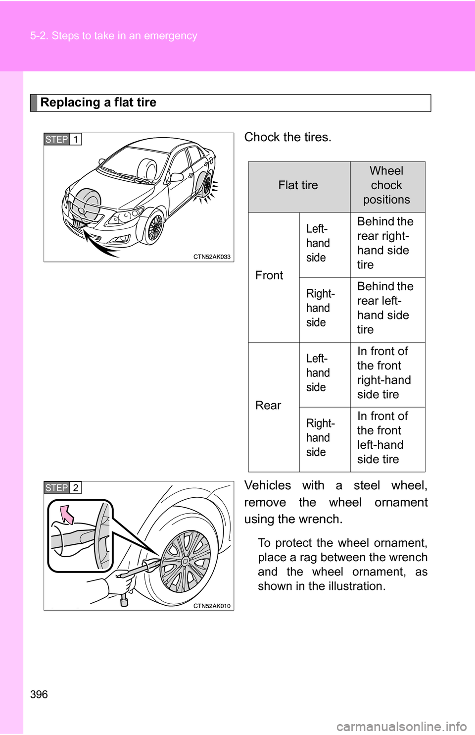 TOYOTA COROLLA 2010 10.G Owners Manual 396 5-2. Steps to take in an emergency
Replacing a flat tireChock the tires.
Vehicles with a steel wheel,
remove the wheel ornament
using the wrench.
To protect the wheel ornament,
place a rag between