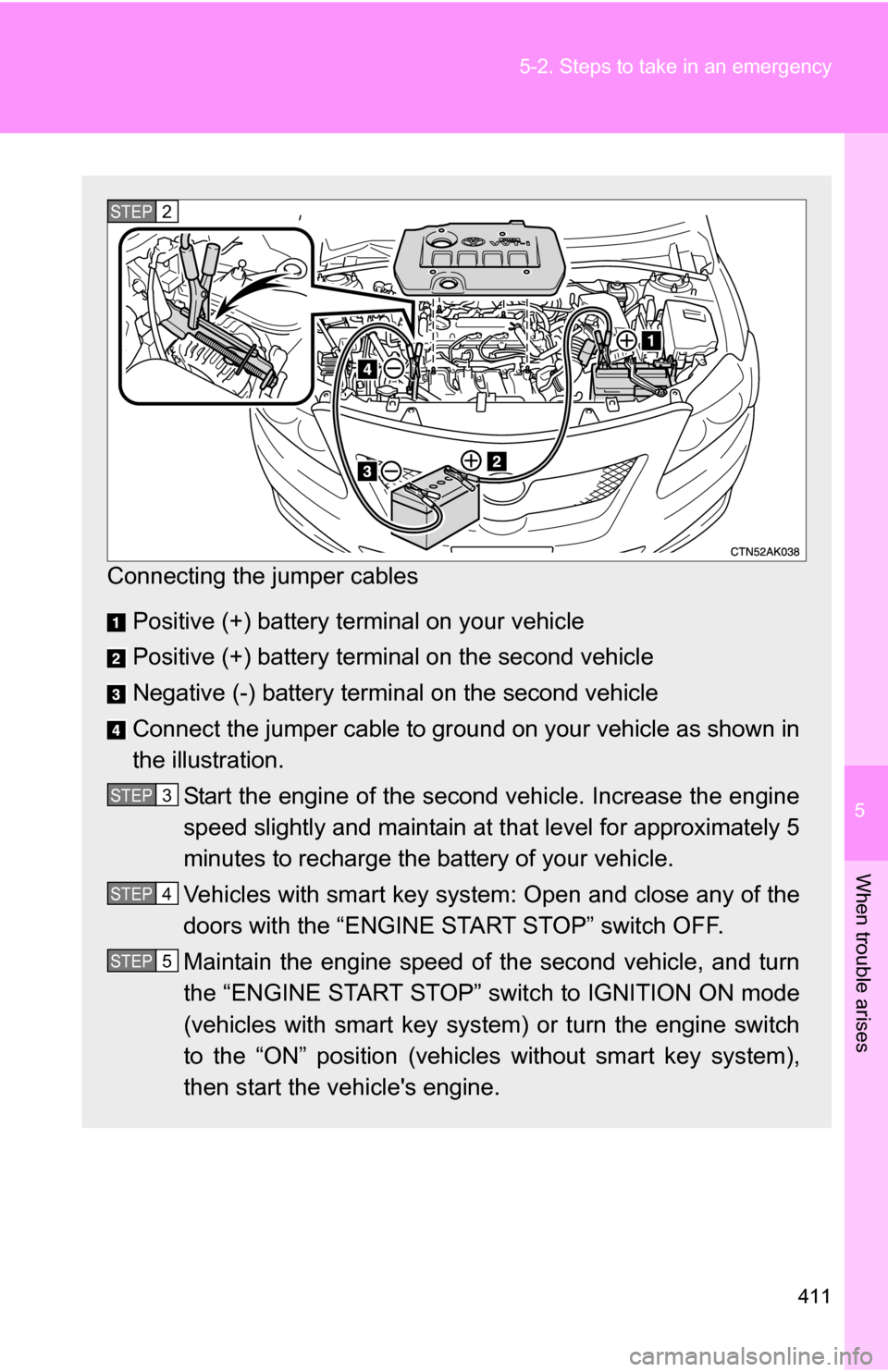 TOYOTA COROLLA 2010 10.G Owners Manual 5
When trouble arises
411
5-2. Steps to take in an emergency
Connecting the jumper cables
Positive (+) battery terminal on your vehicle
Positive (+) battery terminal on the second vehicle
Negative (- TOYOTA COROLLA 2010 10.G Owners Manual 5
When trouble arises
411
5-2. Steps to take in an emergency
Connecting the jumper cables
Positive (+) battery terminal on your vehicle
Positive (+) battery terminal on the second vehicle
Negative (-