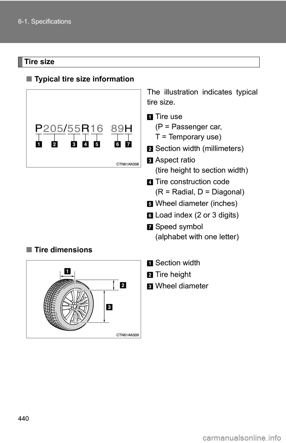 TOYOTA COROLLA 2010 10.G Owners Manual 440 6-1. Specifications
Tire size■ Typical tire size information
The illustration indicates typical
tire size.
Tire use
(P = Passenger car, 
T = Temporary use)
Section width (millimeters)
Aspect rat