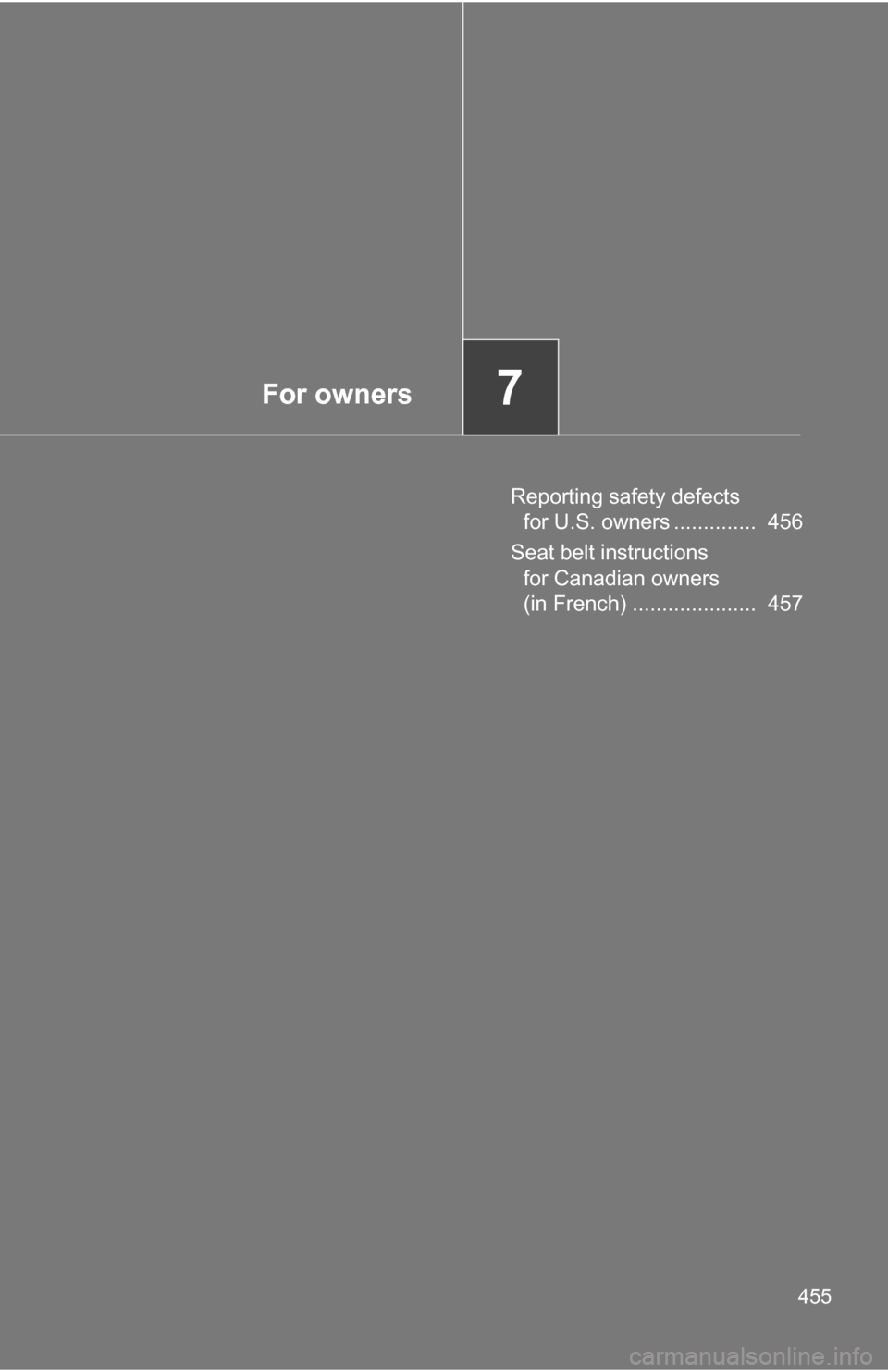 TOYOTA COROLLA 2010 10.G Owners Manual For owners7
455
Reporting safety defects for U.S. owners ..............  456
Seat belt instructions  for Canadian owners 
(in French) .....................  457 