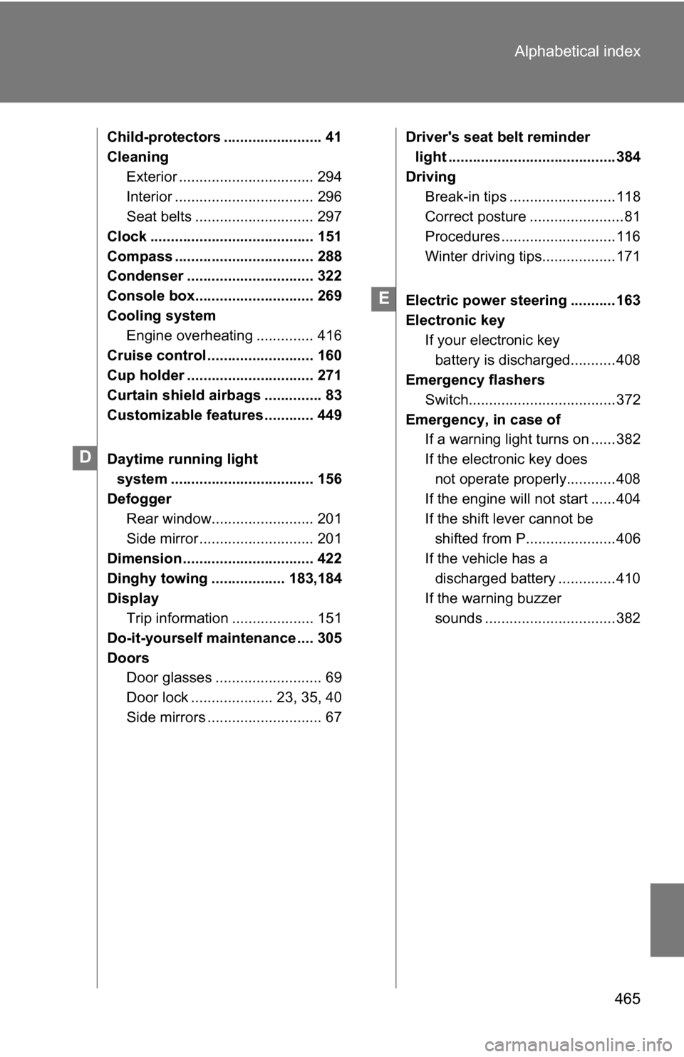 TOYOTA COROLLA 2010 10.G Workshop Manual 465
Alphabetical index
Child-protectors ........................ 41
Cleaning
Exterior ................................. 294
Interior .................................. 296
Seat belts .................