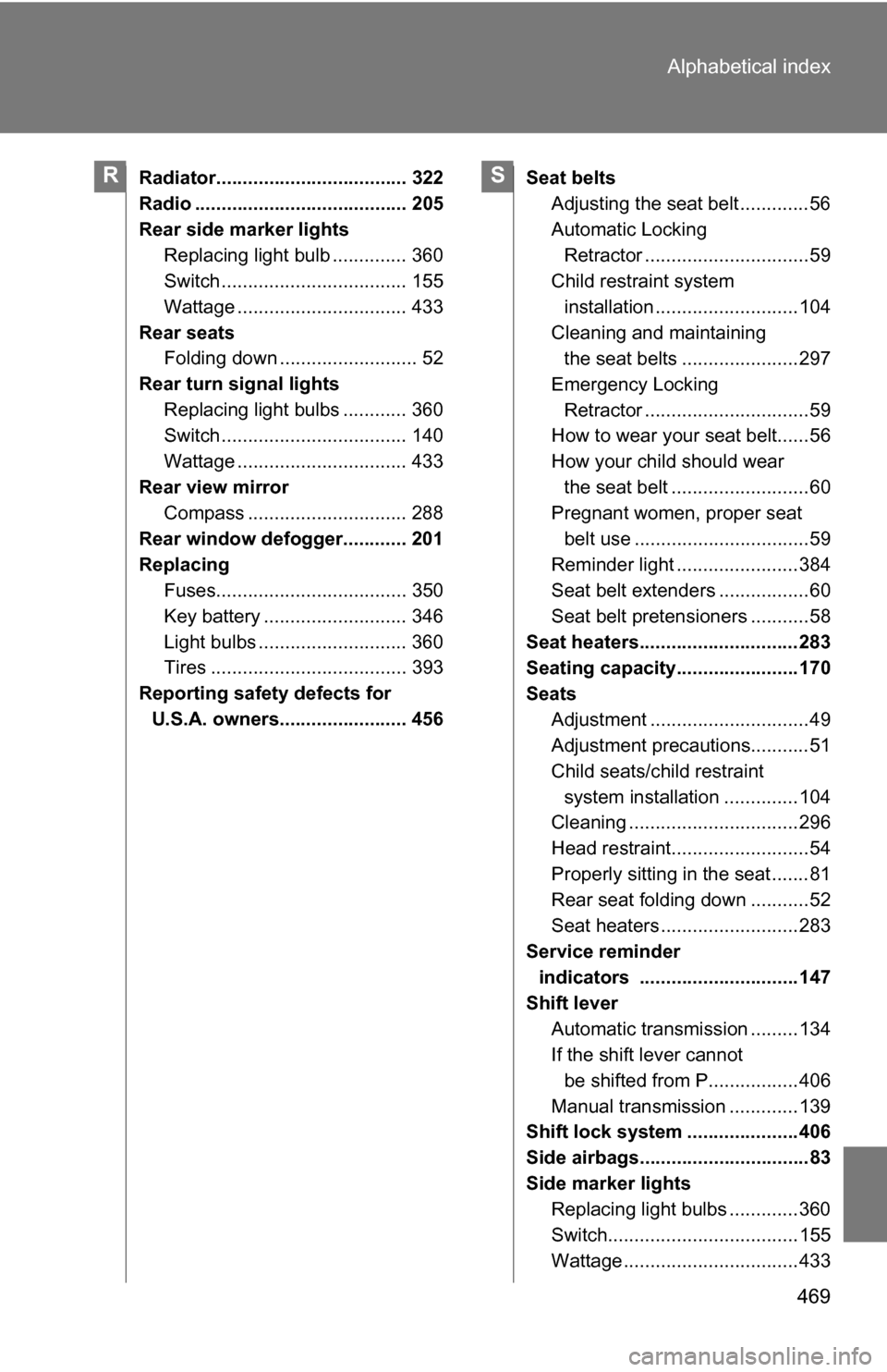 TOYOTA COROLLA 2010 10.G Owners Manual 469
Alphabetical index
Radiator.................................... 322
Radio ........................................ 205
Rear side marker lights
Replacing light bulb .............. 360
Switch ......