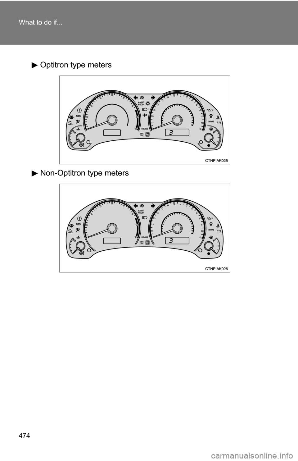 TOYOTA COROLLA 2010 10.G Owners Manual 474 What to do if...
Optitron type meters
Non-Optitron type meters TOYOTA COROLLA 2010 10.G Owners Manual 474 What to do if...
Optitron type meters
Non-Optitron type meters
